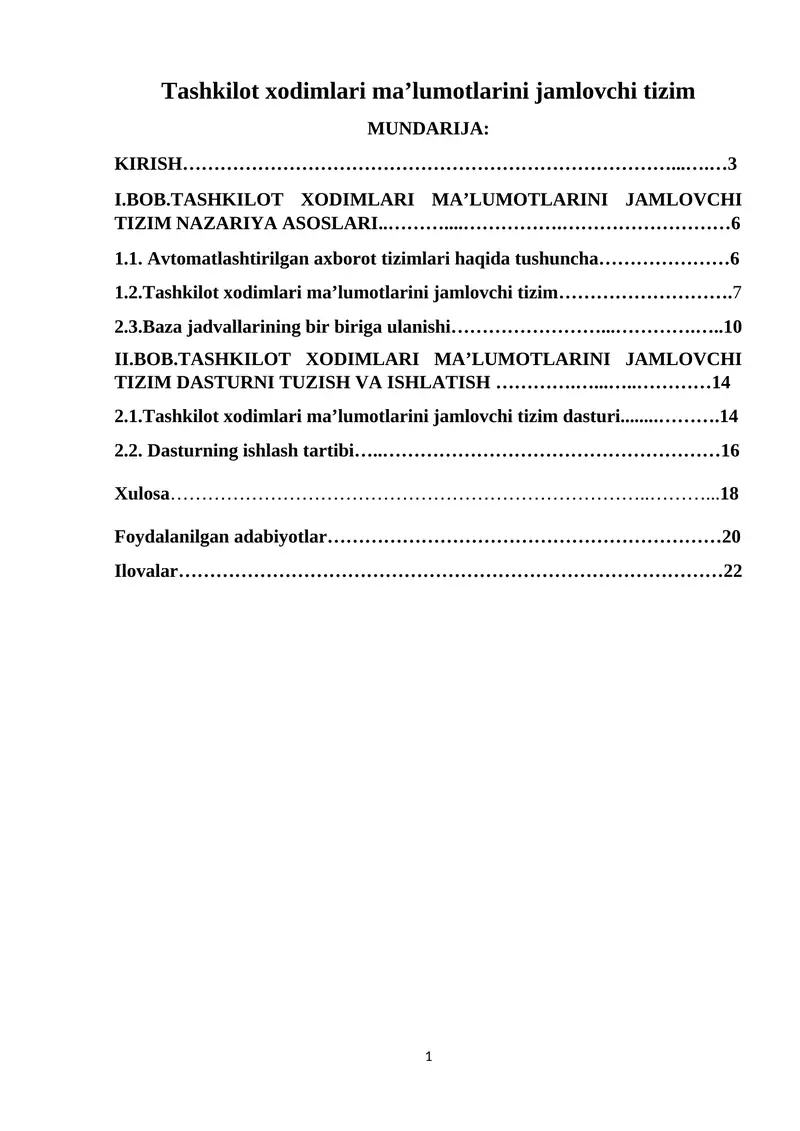 Tashkilot xodimlari ma’lumotlarini jamlovchi tizim