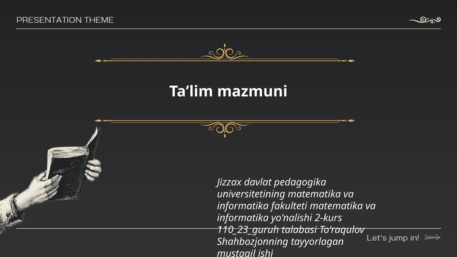 Toʻraqulov Shahbozjonning tayyorlagan mustaqil ishi