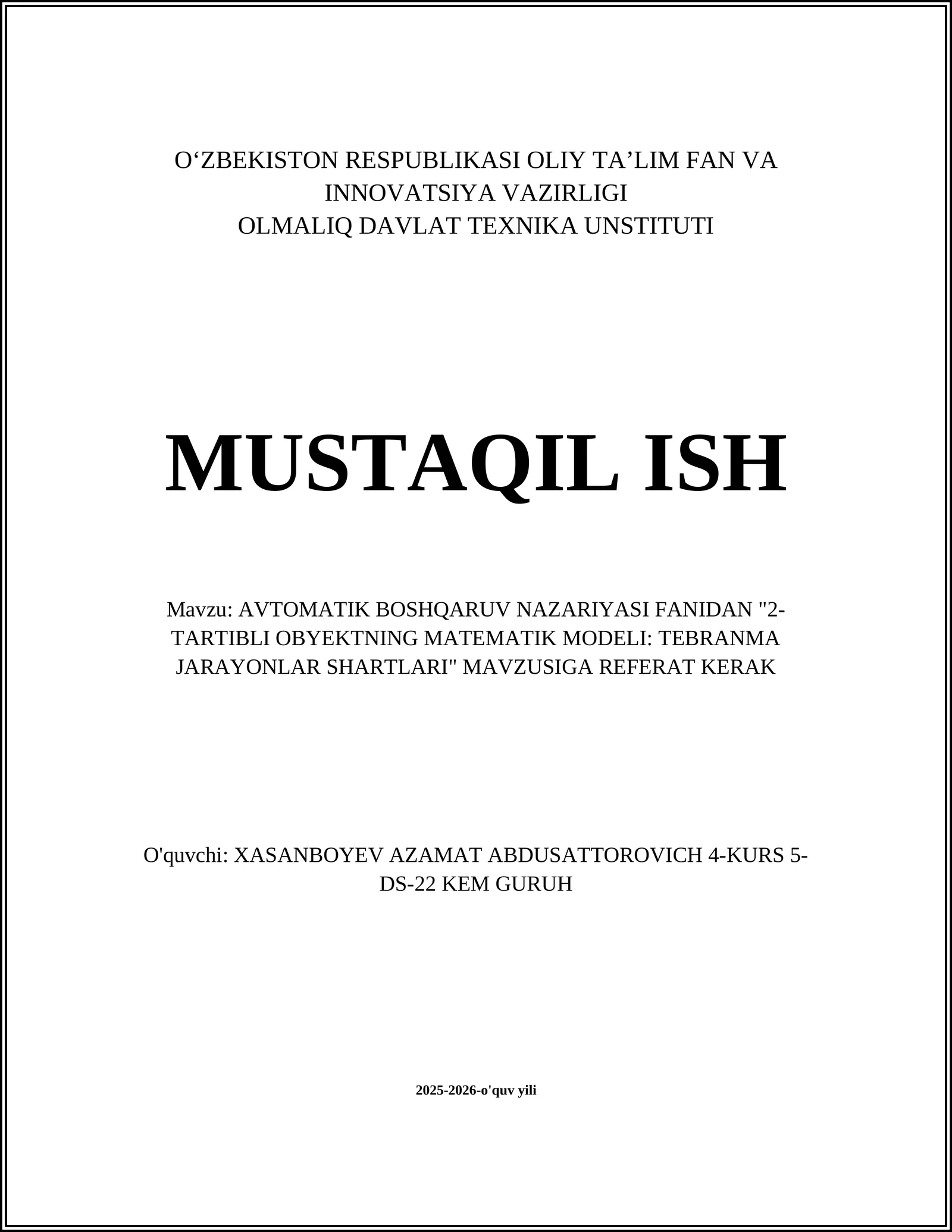 AVTOMATIK BOSHQARUV NAZARIYASI