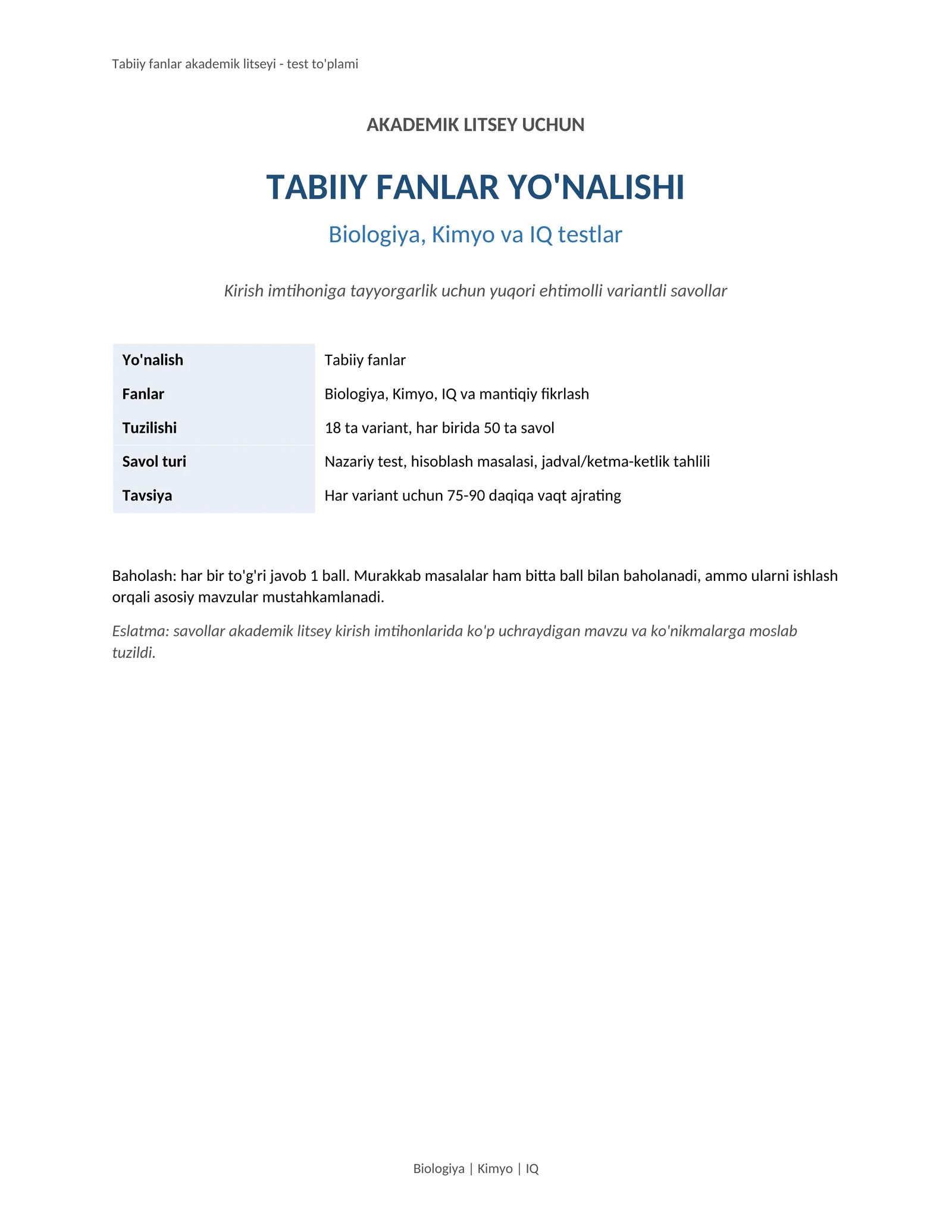 Tabiiy fanlar akademik litseyi - test to'plami