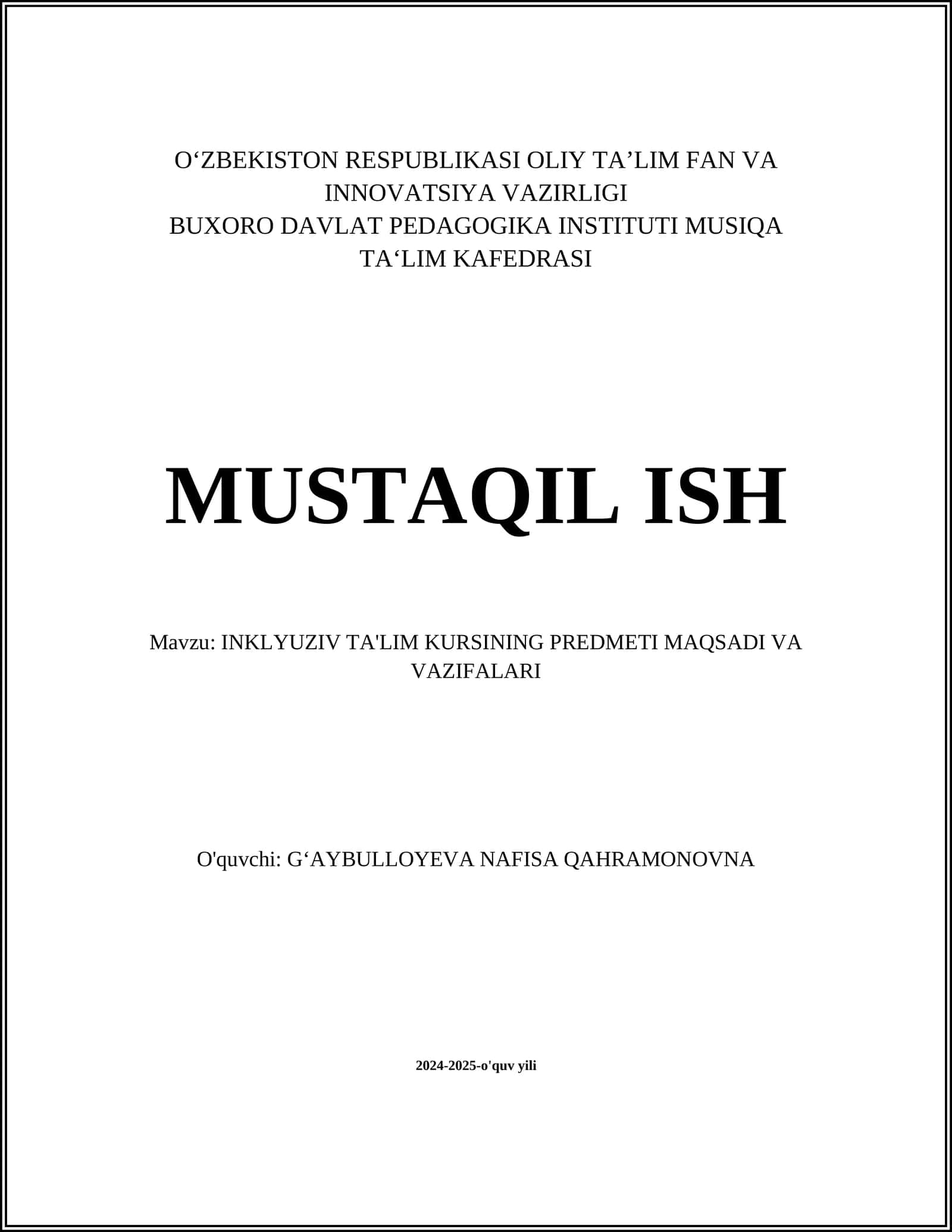 INKLYUZIV TA'LIM KURSINING PREDMETI MAQSADI VA VAZIFALARI