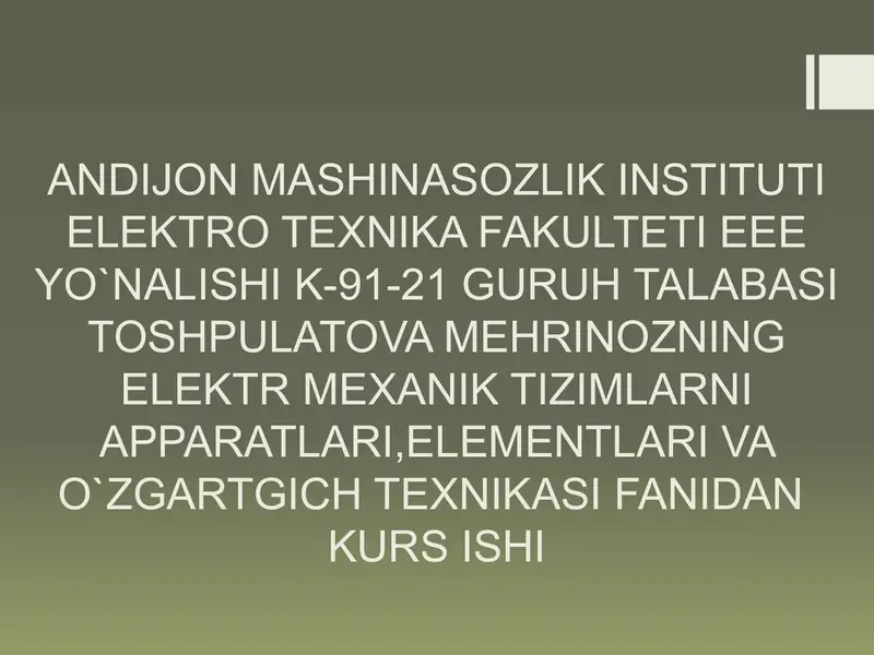 Kurs ishini bajarish uchun boshlang’ich ma’lumotlar