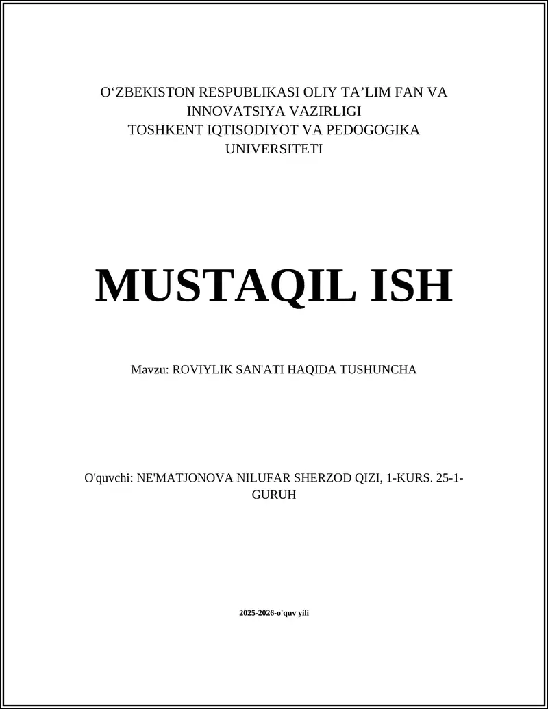 ROVIYLIK SAN'ATI HAQIDA TUSHUNCHA