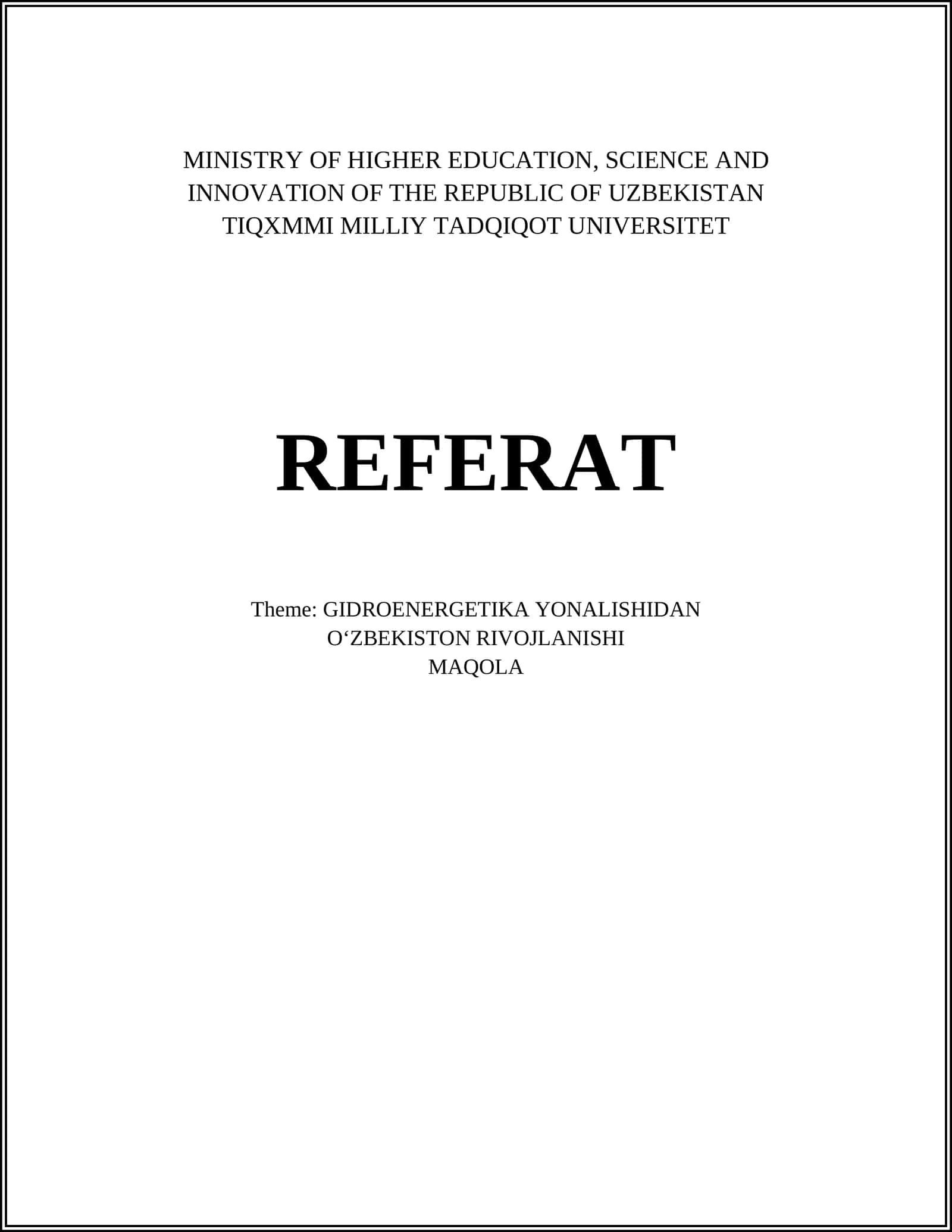 GIDROENERGETIKA YONALISHIDAN REFERAT