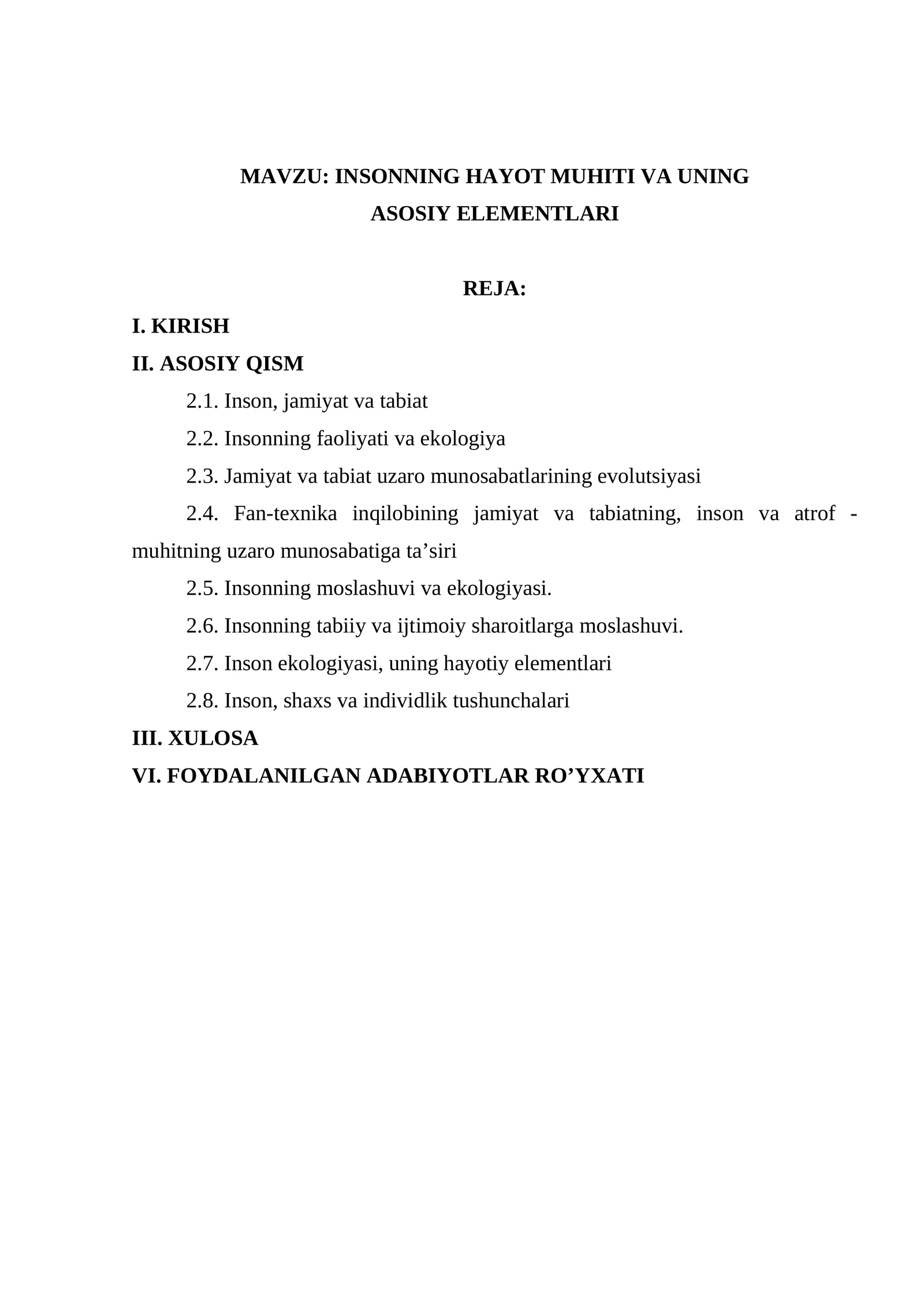 INSОNNING HAYOT MUHITI VA UNING ASОSIY ELЕMЕNTLARI