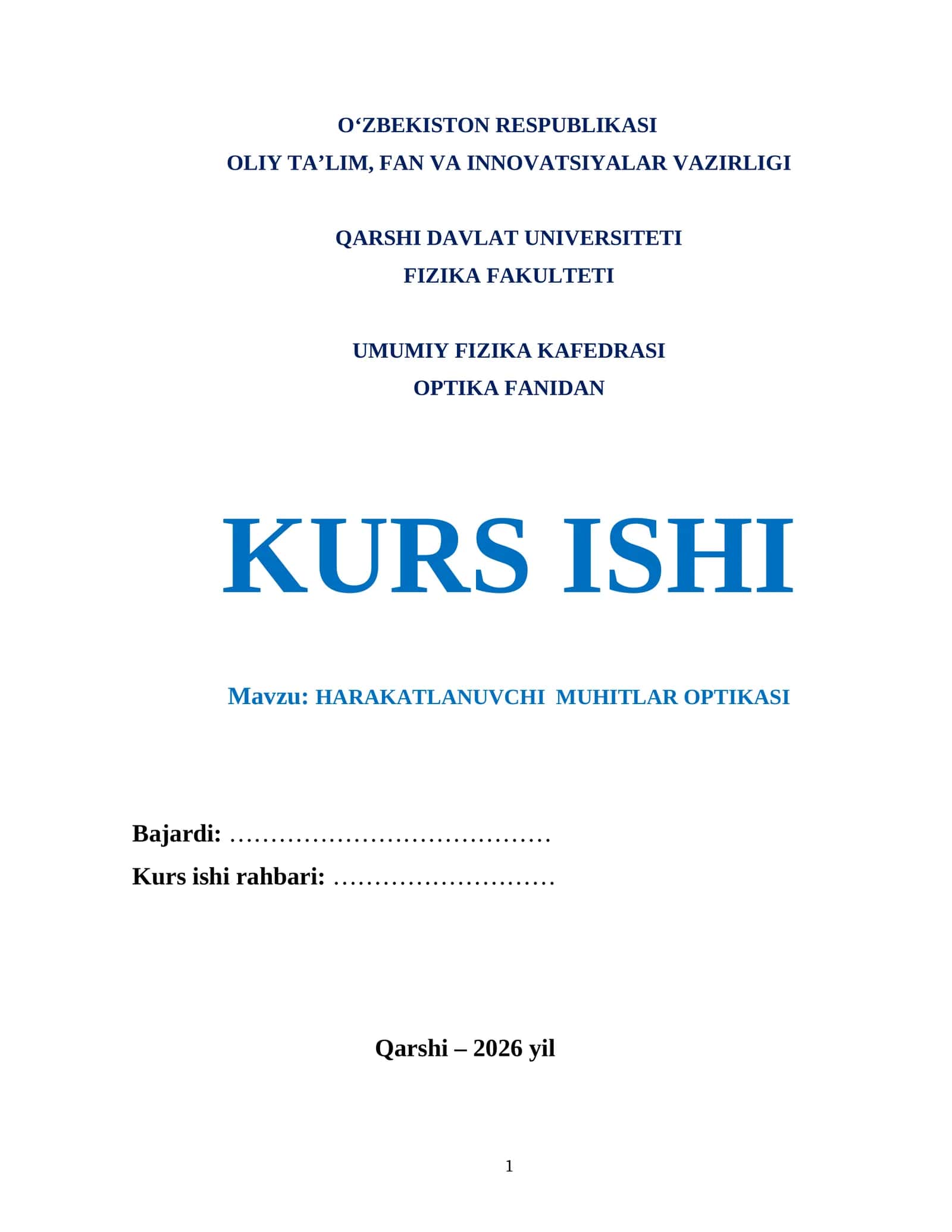 HARAKATLANUVCHI  MUHITLAR OPTIKASI mavzusida tayyor kurs ishi