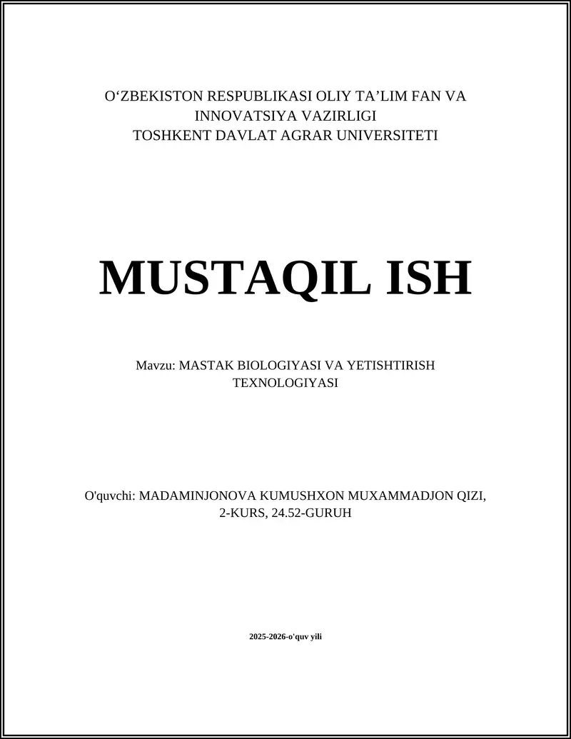 Mastak Biologiyasi va Yetishtirish Texnologiyasi