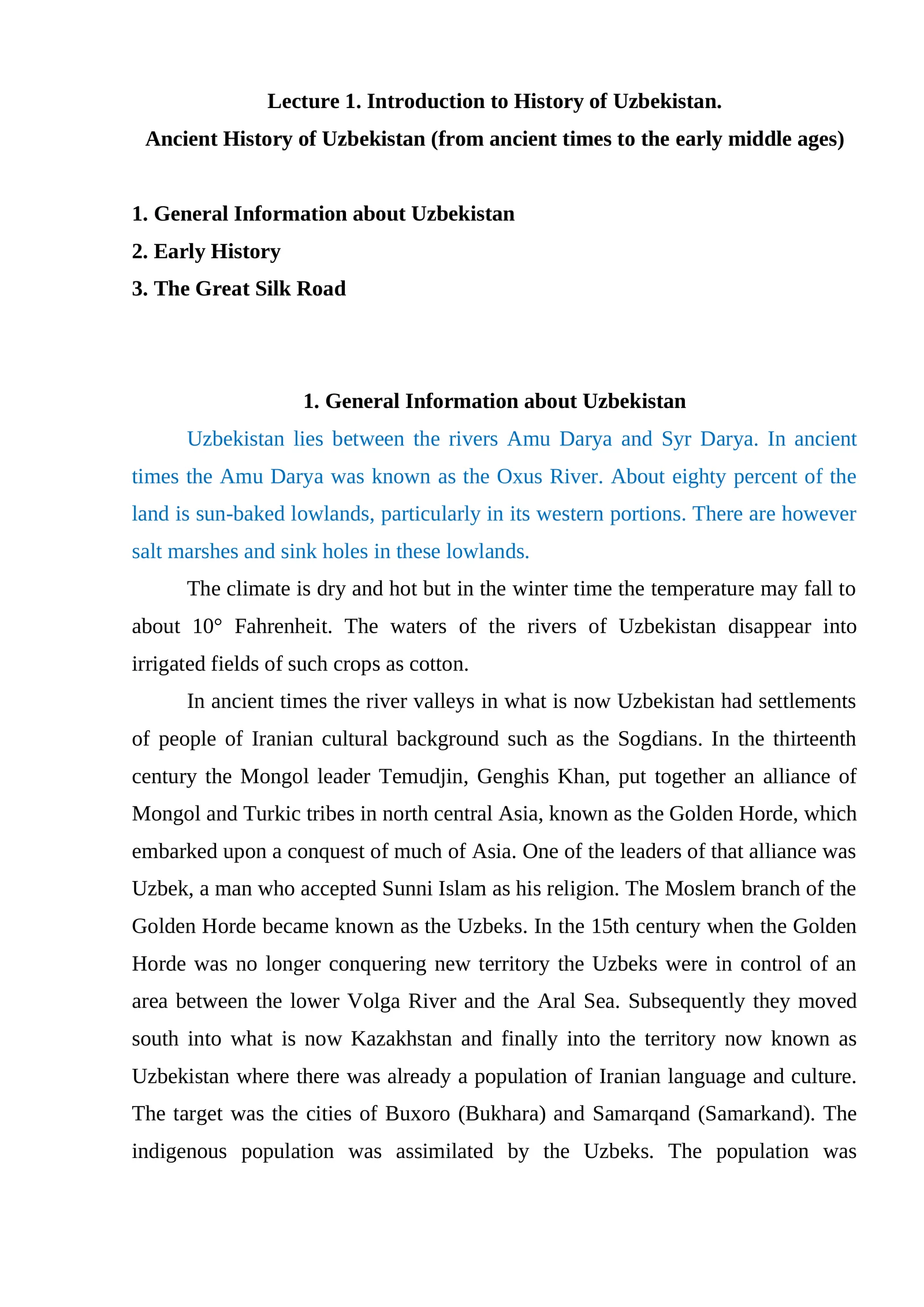 Lecture 1. Introduction to History of Uzbekistan