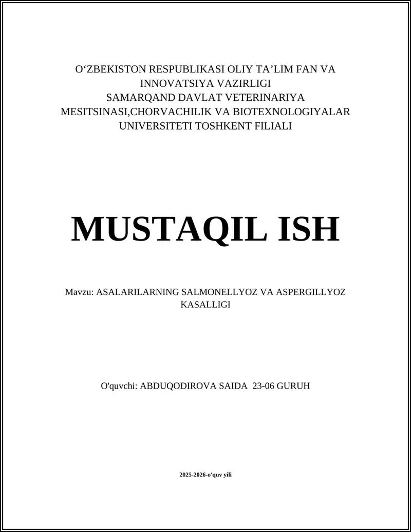 ASALARILARNING SALMONELLYOZ VA ASPERGILLYOZ KASALLIGI