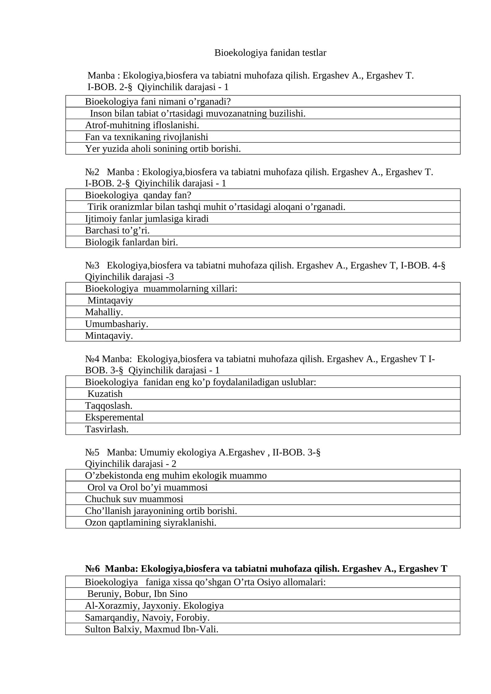 Bioekologiya fanidan testlar