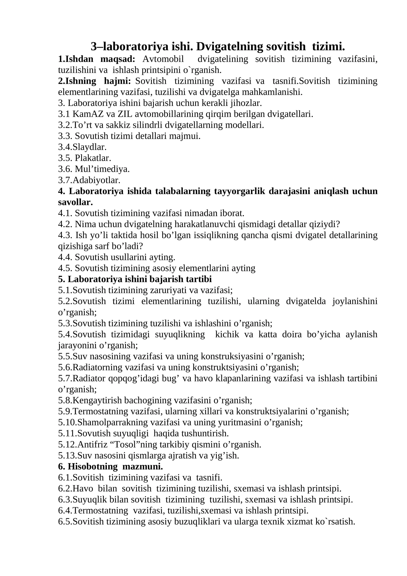 Laboratoriya ishlar: Sovitish tizimi