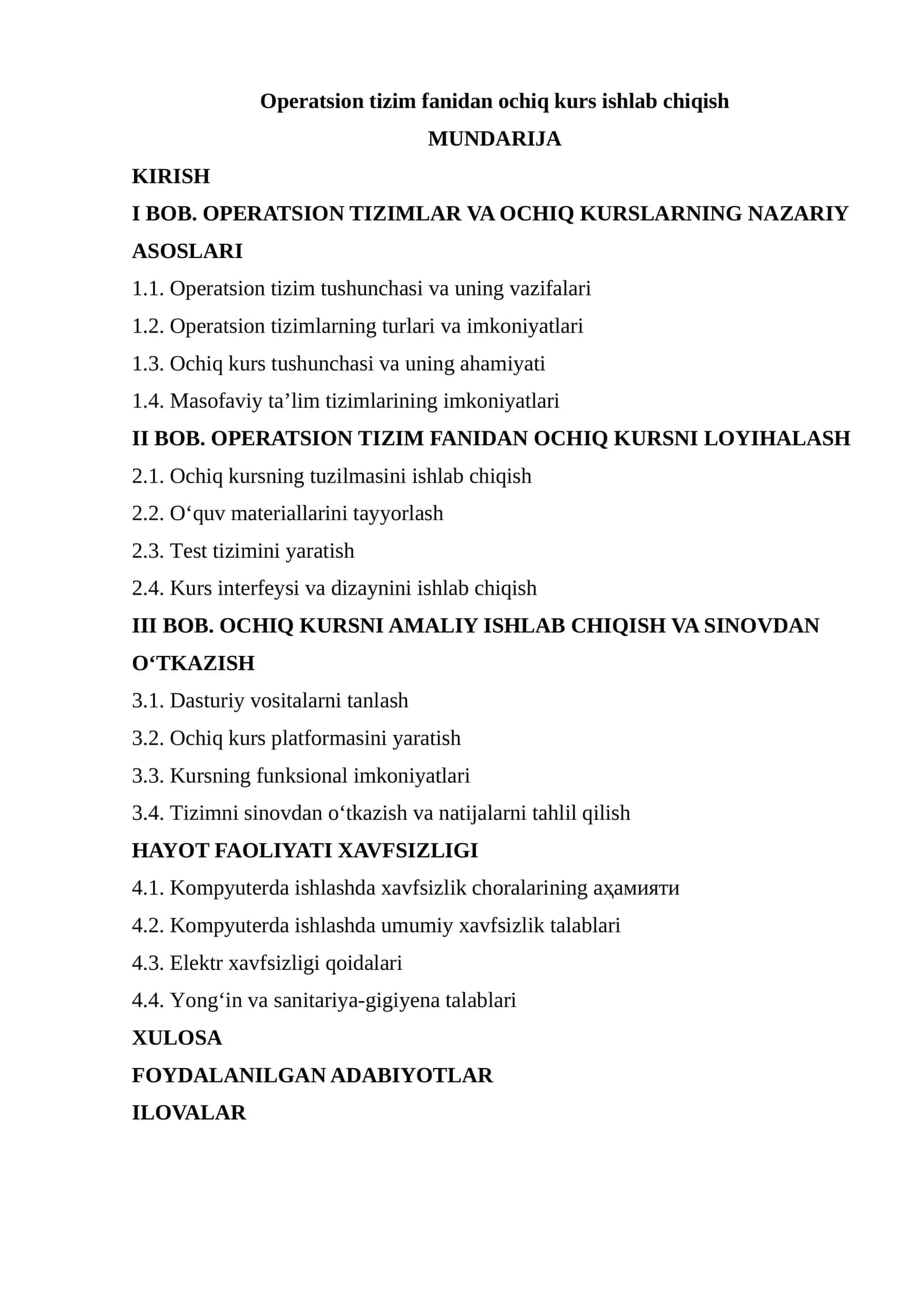 Operatsion tizim fanidan ochiq kurs ishlab chiqish