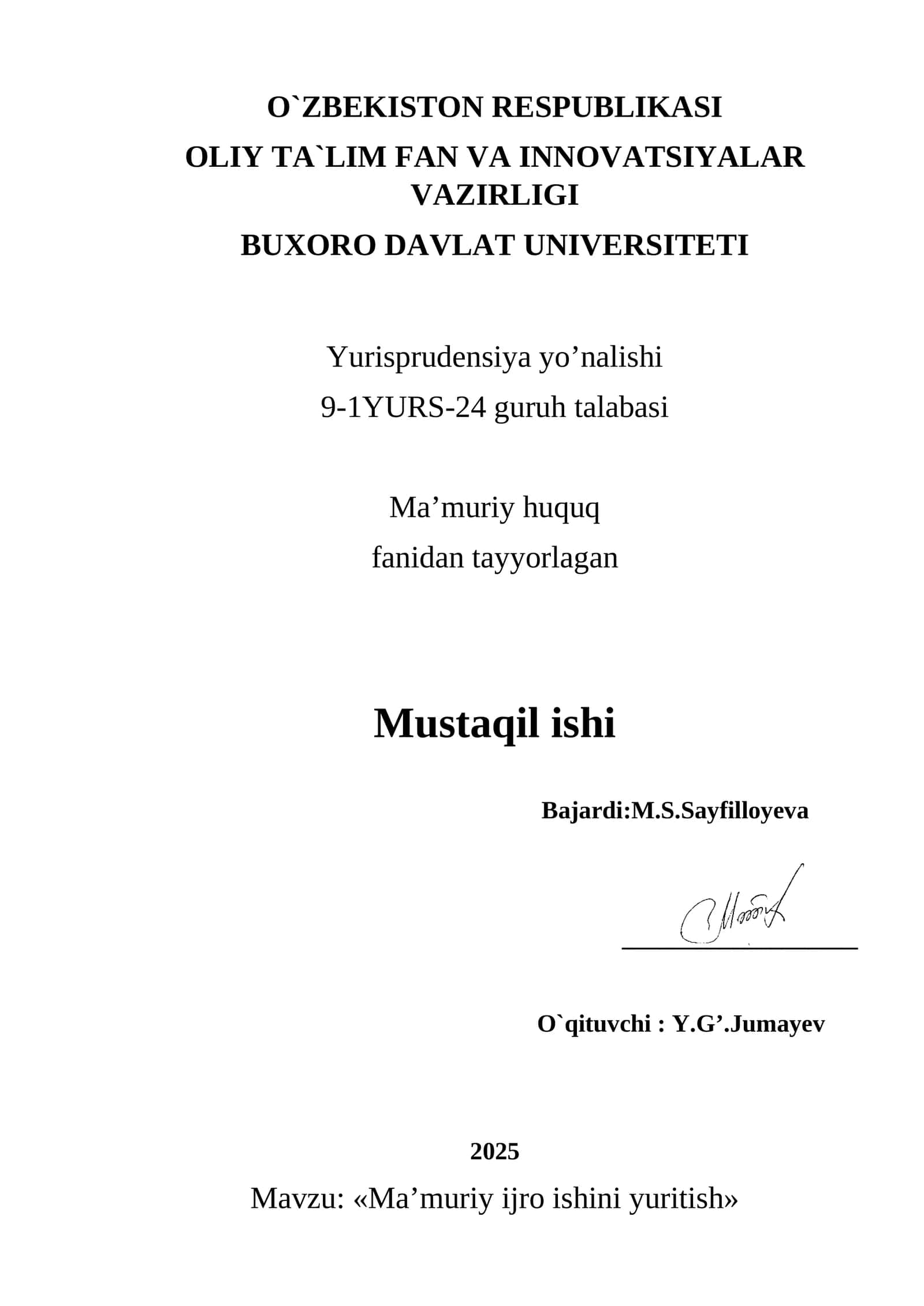 Ma’muriy ijro ishini yuritish