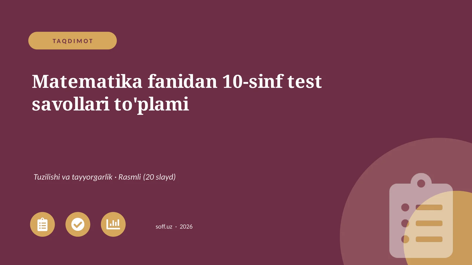 Matematika fanidan 10-sinf test savollari to'plami