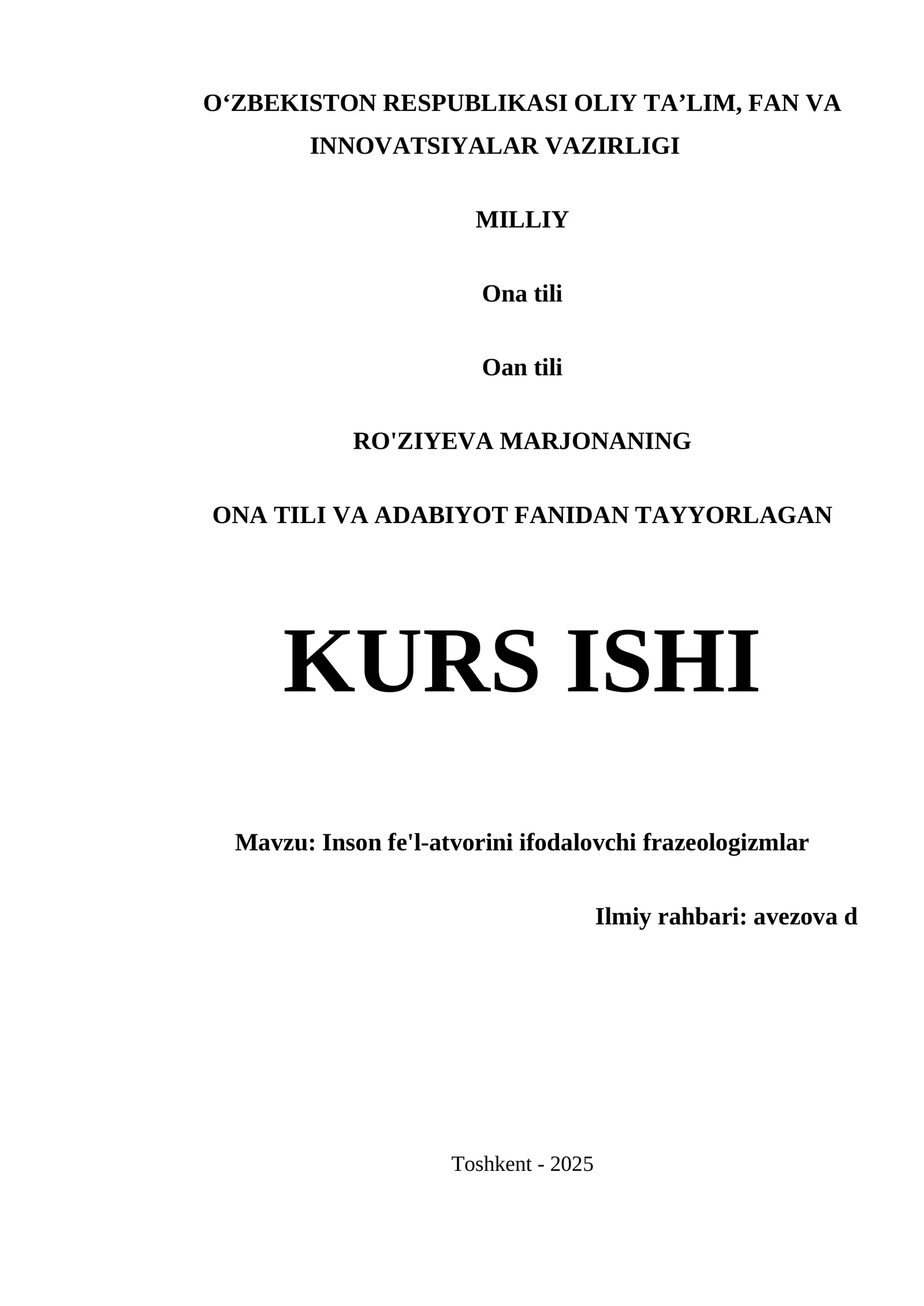 ONA TILI VA ADABIYOT FANIDAN TAYYORLAGAN KURS ISHI