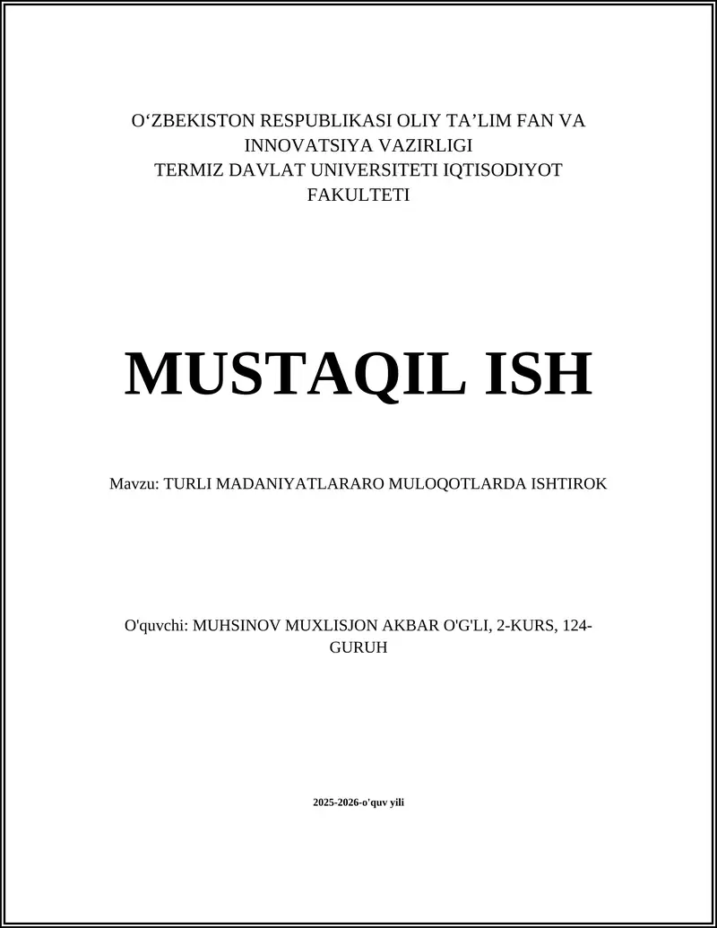 TURLI MADANIYATLARARO MULOQOTLARDA ISHTIROK