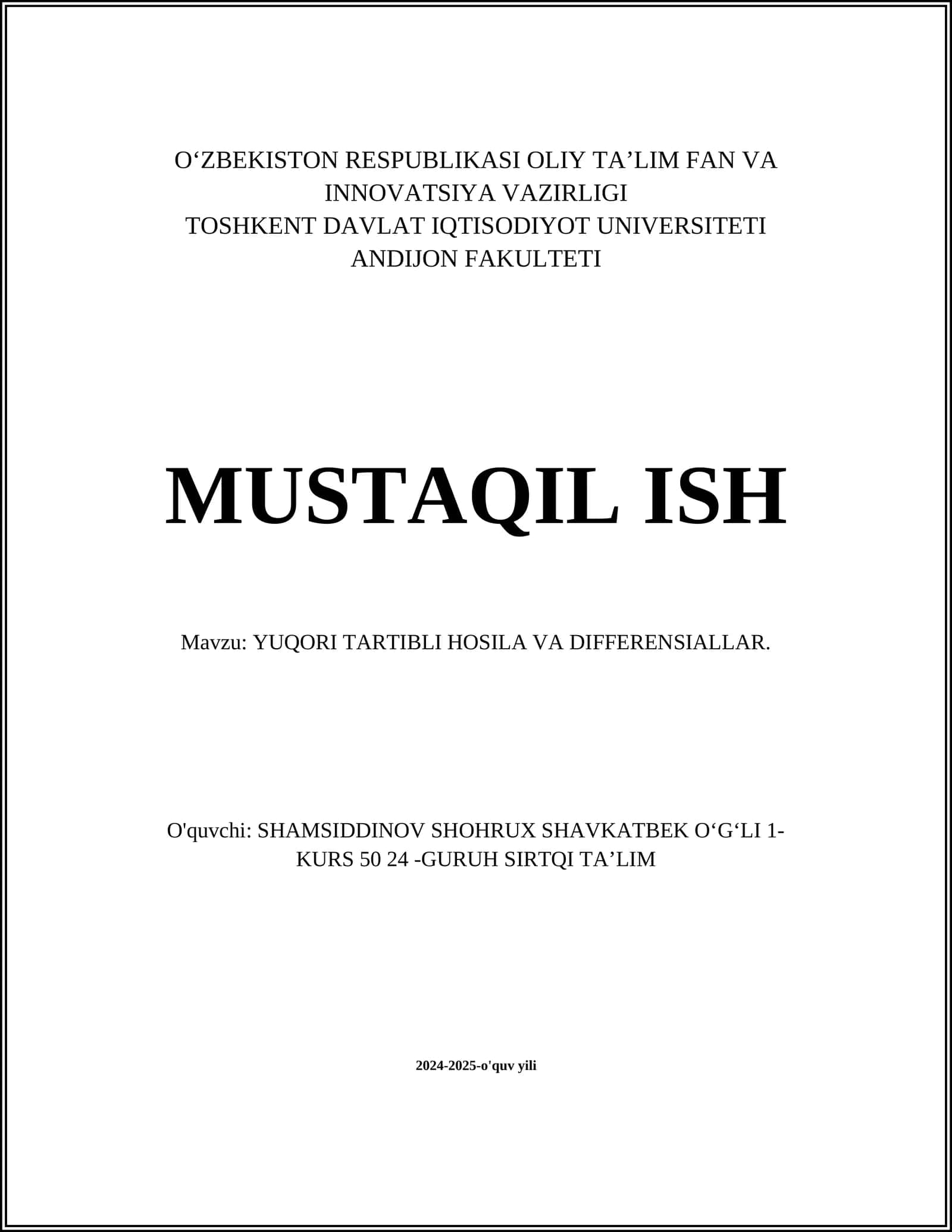 Yuqori Tartibli Hosilalar