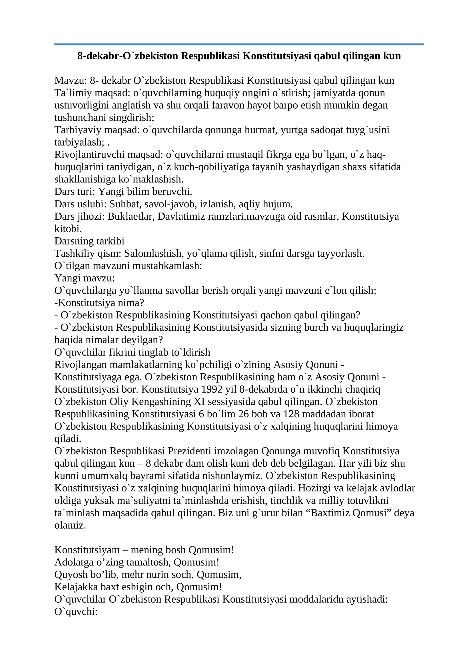 O`zbekiston Respublikasi Konstitutsiyasi qabul qilingan kun