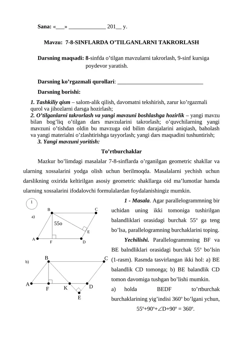 9-sinf geometriya 1-chorak dars ishlanmalari