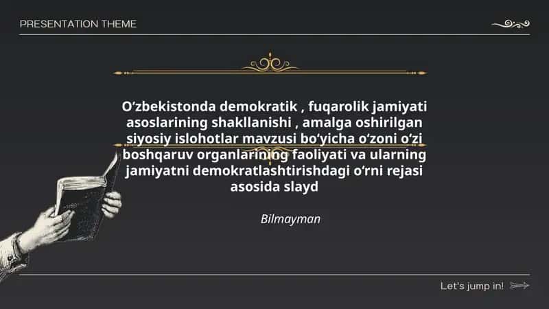 O‘zbekistonda demokratik, fuqarolik jamiyati asoslarining shakllanishi, amalga oshirilgan siyosiy islohotlar mavzusi bo‘yicha oʻzoni o‘zi boshqaruv organlarining faoliyati va ularning jamiyatni demokratlashtirishdagi o‘rni rejasi asosida slayd