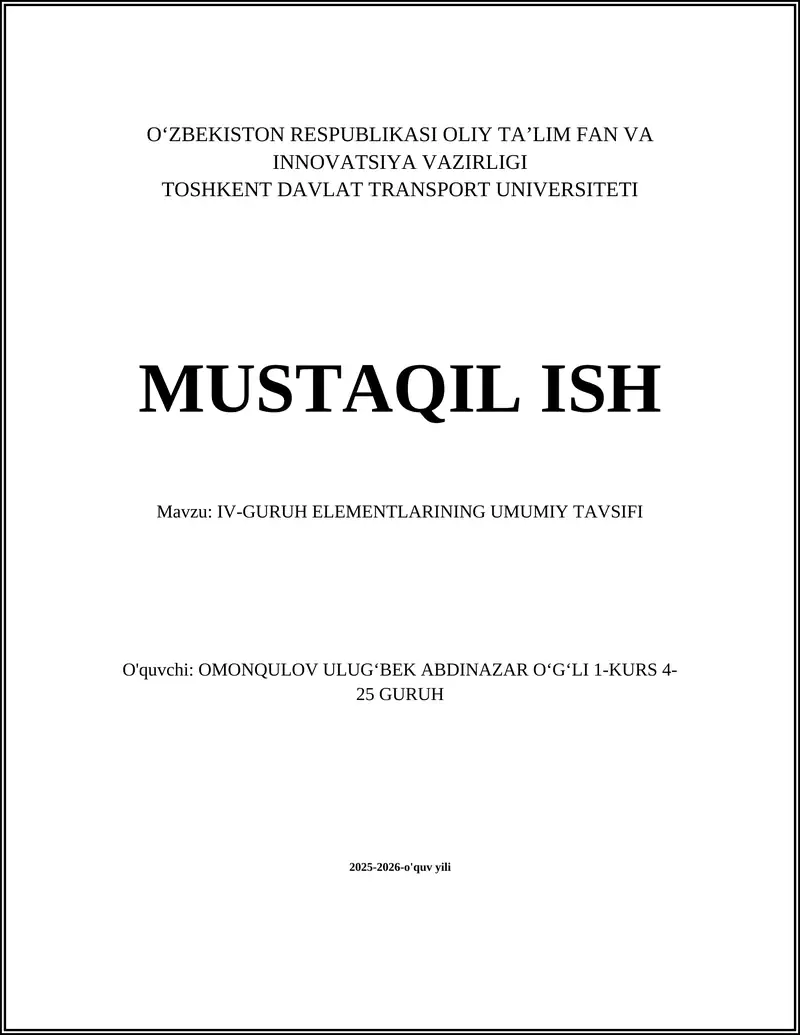 IV-GURUH ELEMENTLARINING UMUMIY TAVSIFI