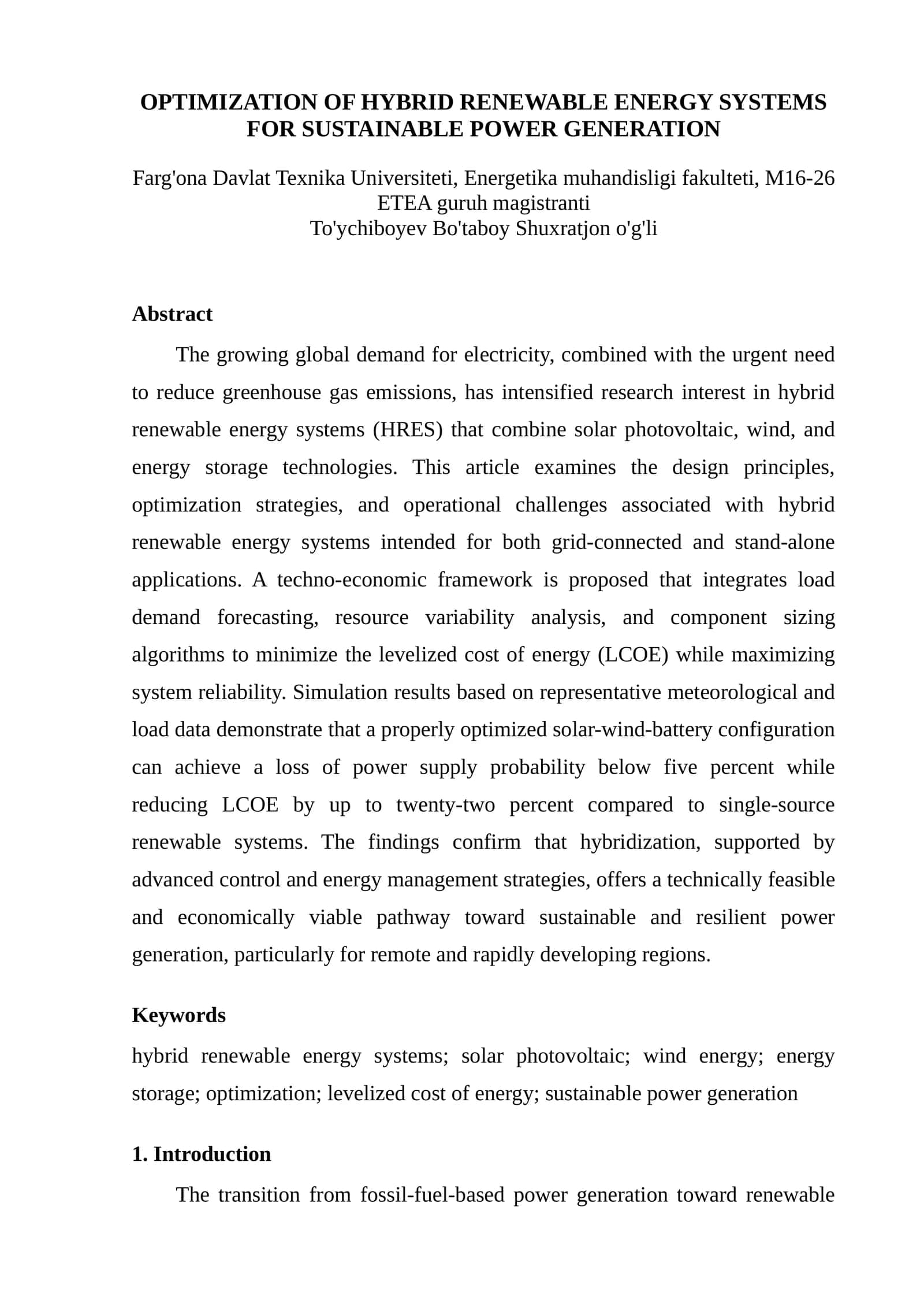 OPTIMIZATION OF HYBRID RENEWABLE ENERGY SYSTEMS FOR SUSTAINABLE POWER GENERATION