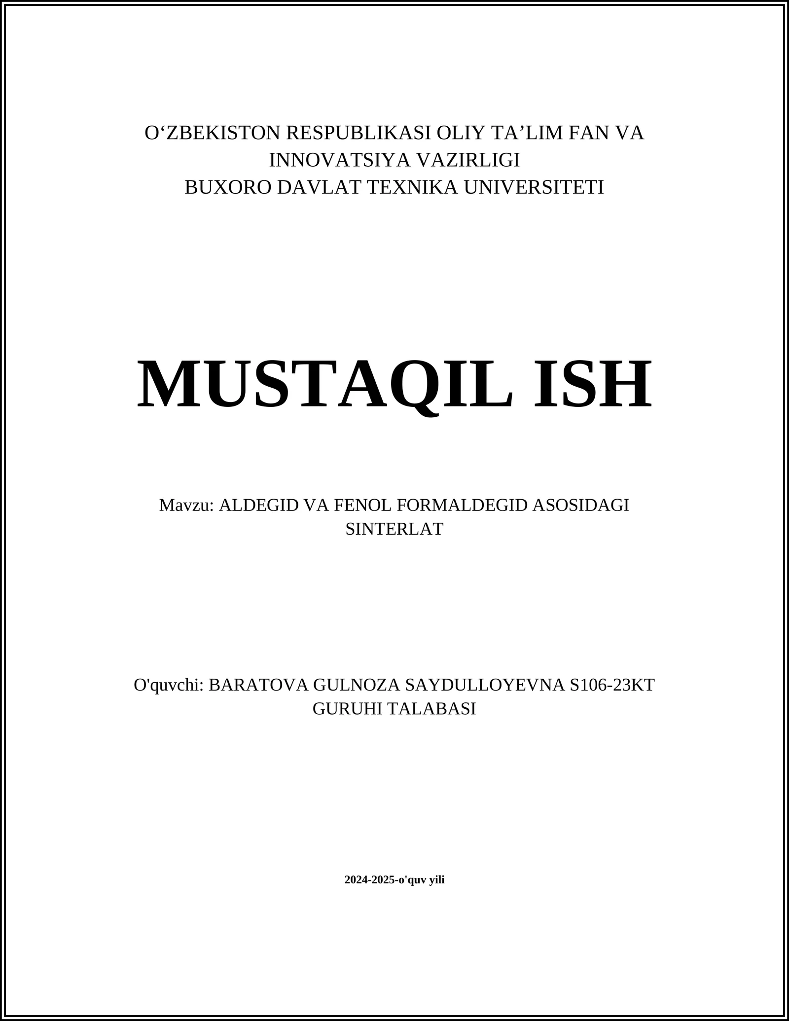 ALDEGID VA FENOL FORMALDEGID ASOSIDAGI SINTERLAT