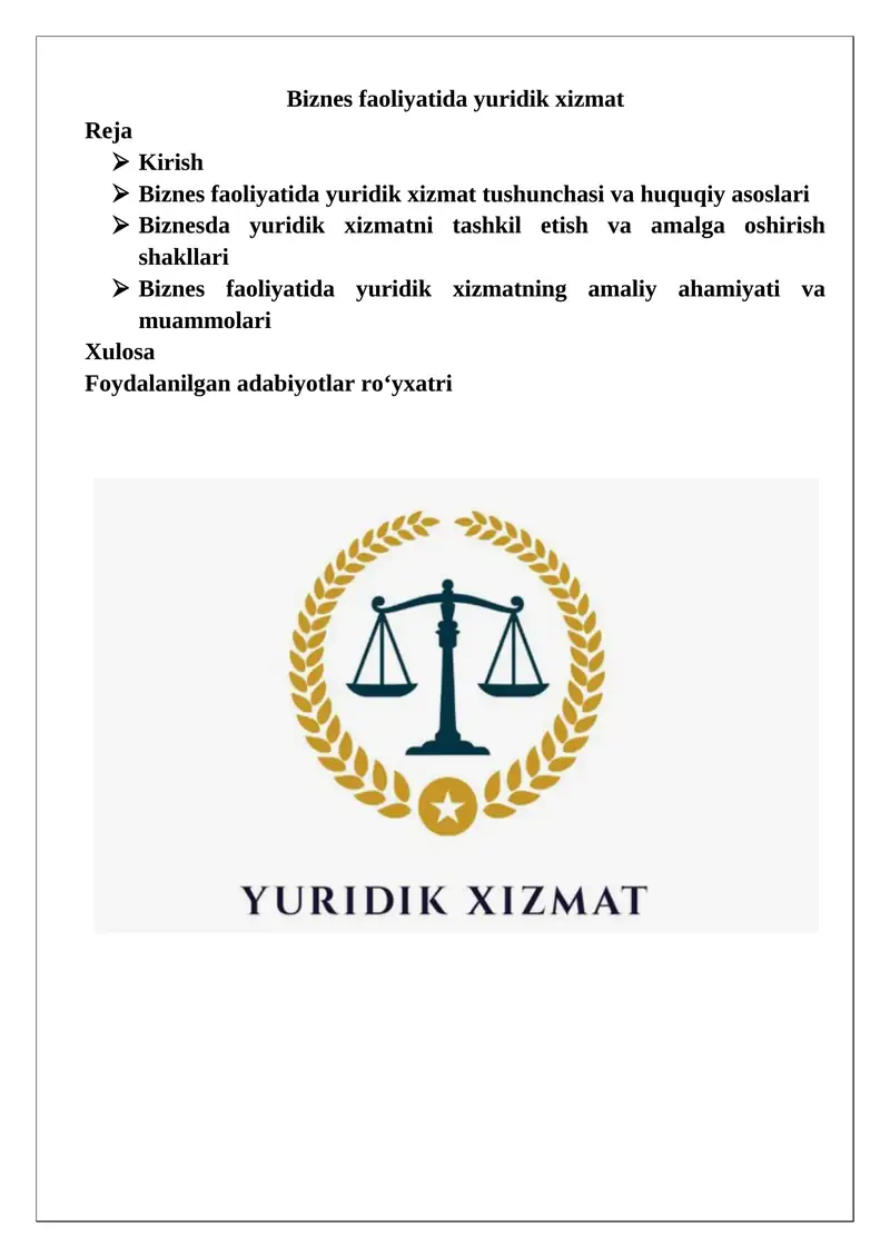 Biznes faoliyatida yuridik xizmat