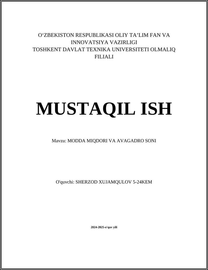 MODDA MIQDORI VA AVAGADRO SONI