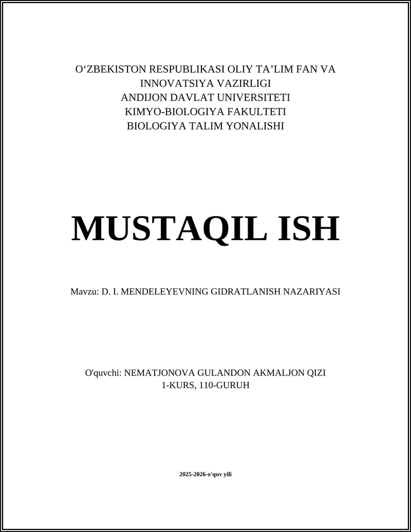 D. I. MENDELEYEVNING GIDRATLANISH NAZARIYASI