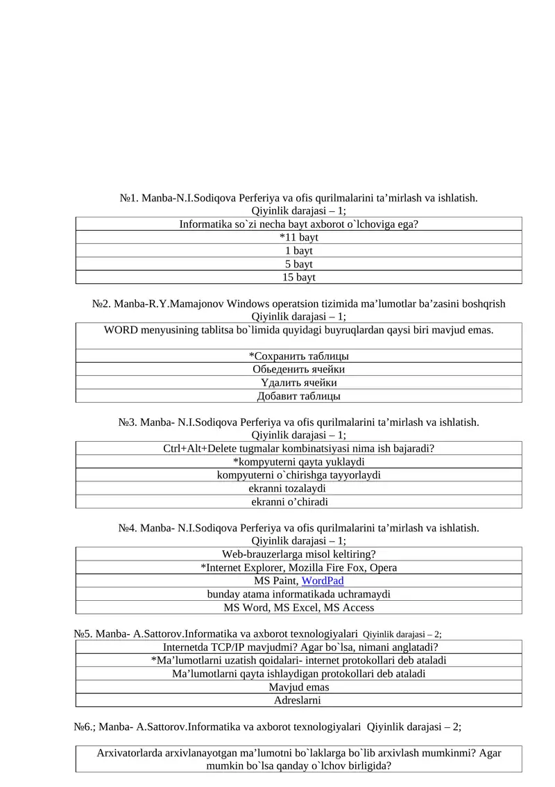 2026-yil Informatikadan atestatsiga tayyorgarlik ko'rish uchun 150 talik test javobi bilaan
