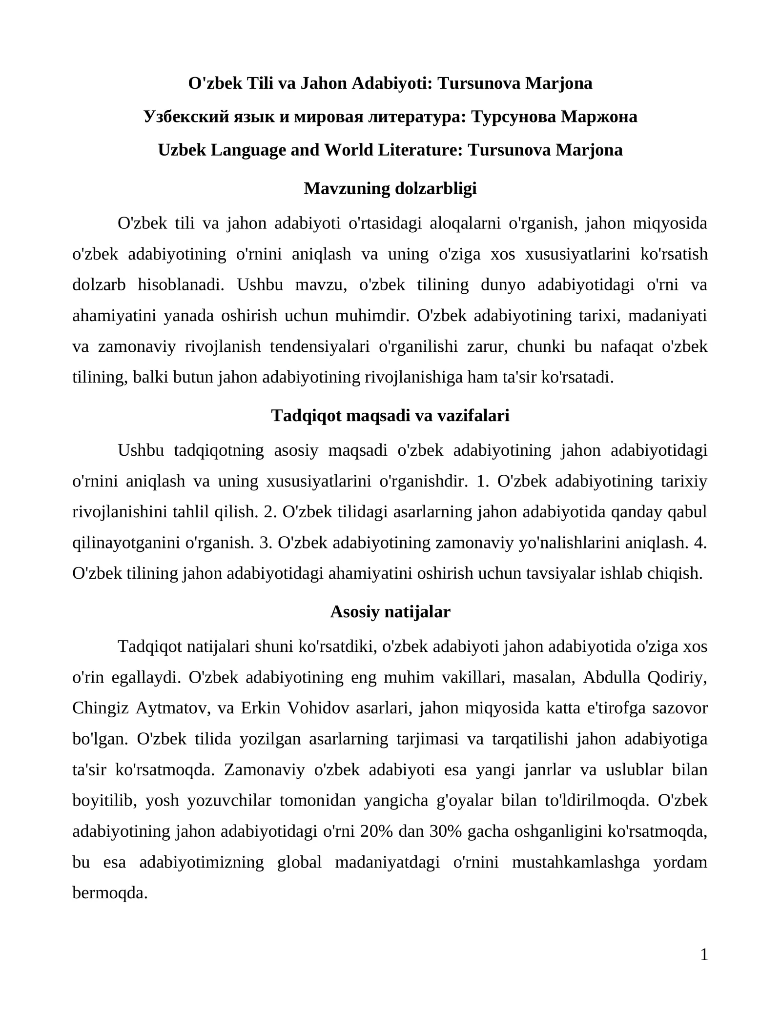 O'zbek Tili va Jahon Adabiyoti