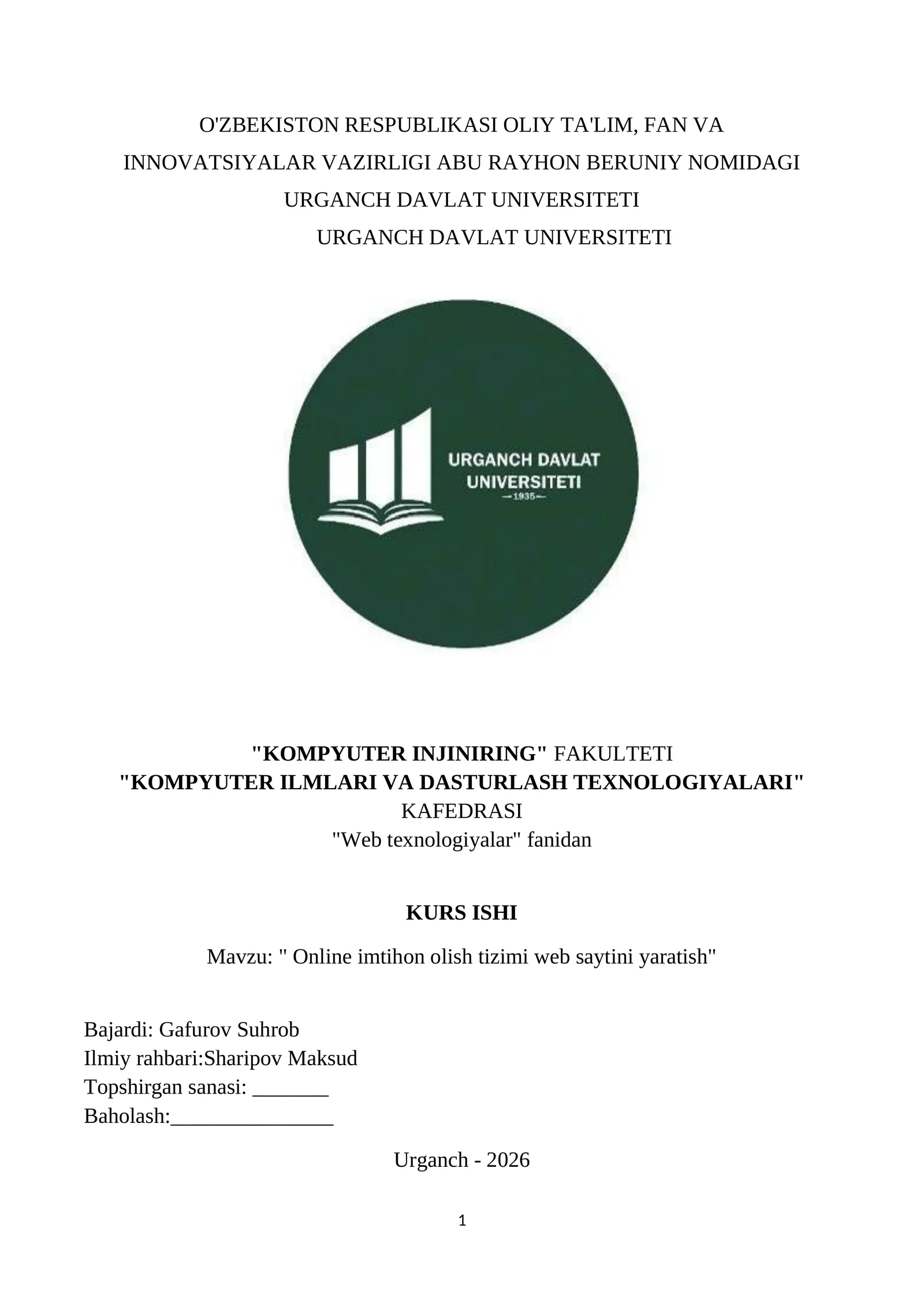 " Online imtihon olish tizimi web saytini yaratish"