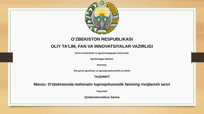 O'zbekistonda meliorativ tuproqshunoslik fanining rivojlanish tarixi