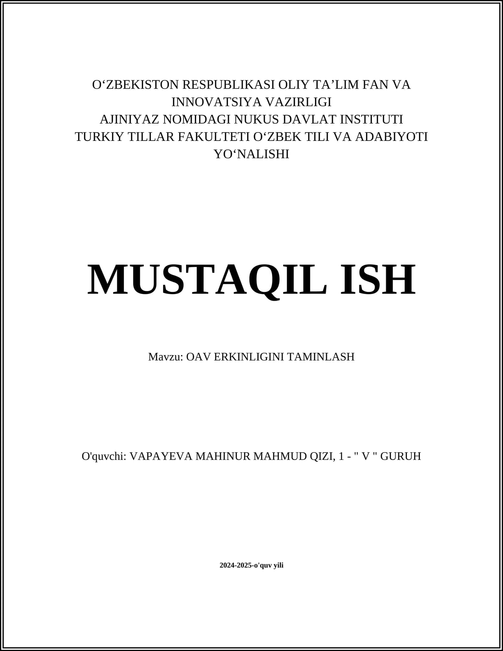 OAV ERKINLIGINI TAMINLASH