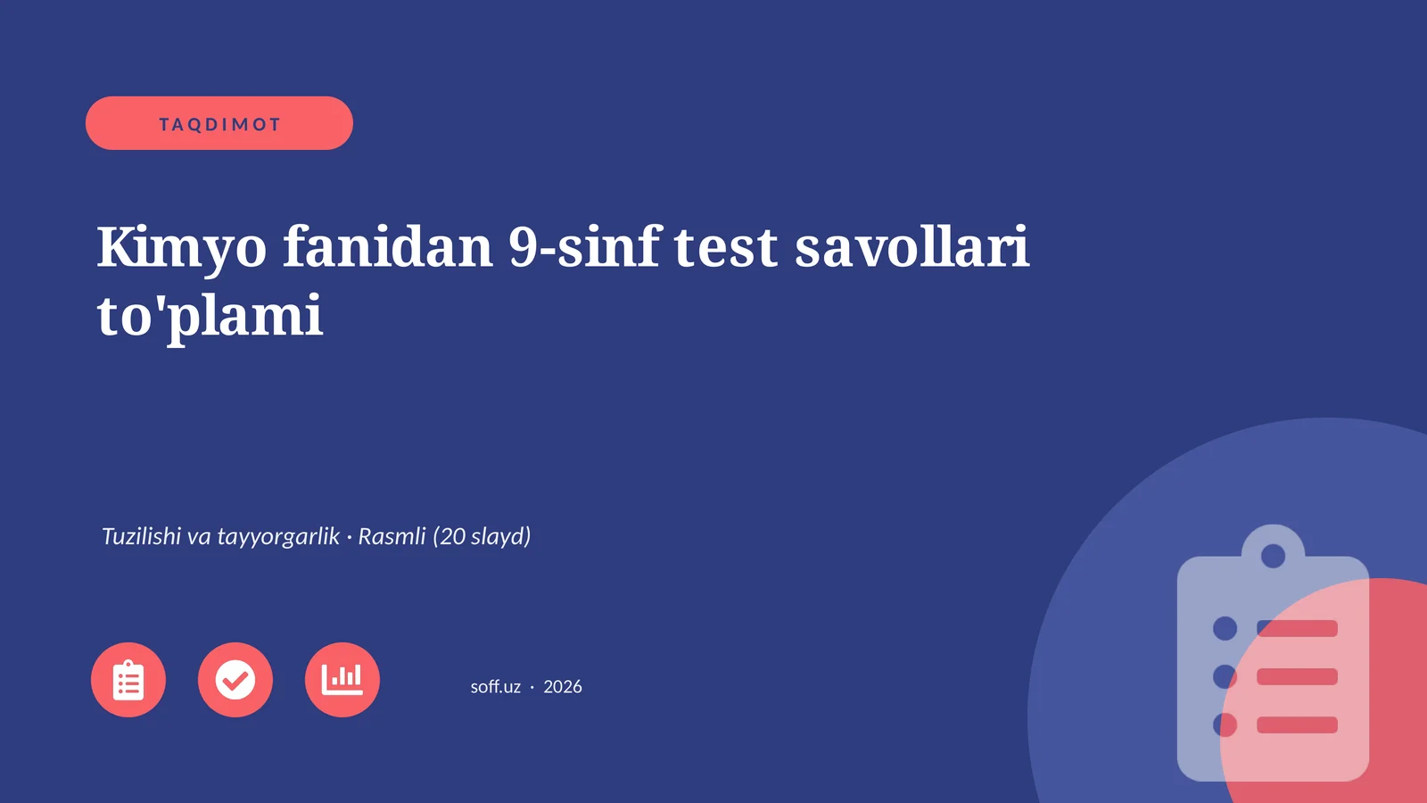 9-sinf Kimyo fanidan test savollari to'plami