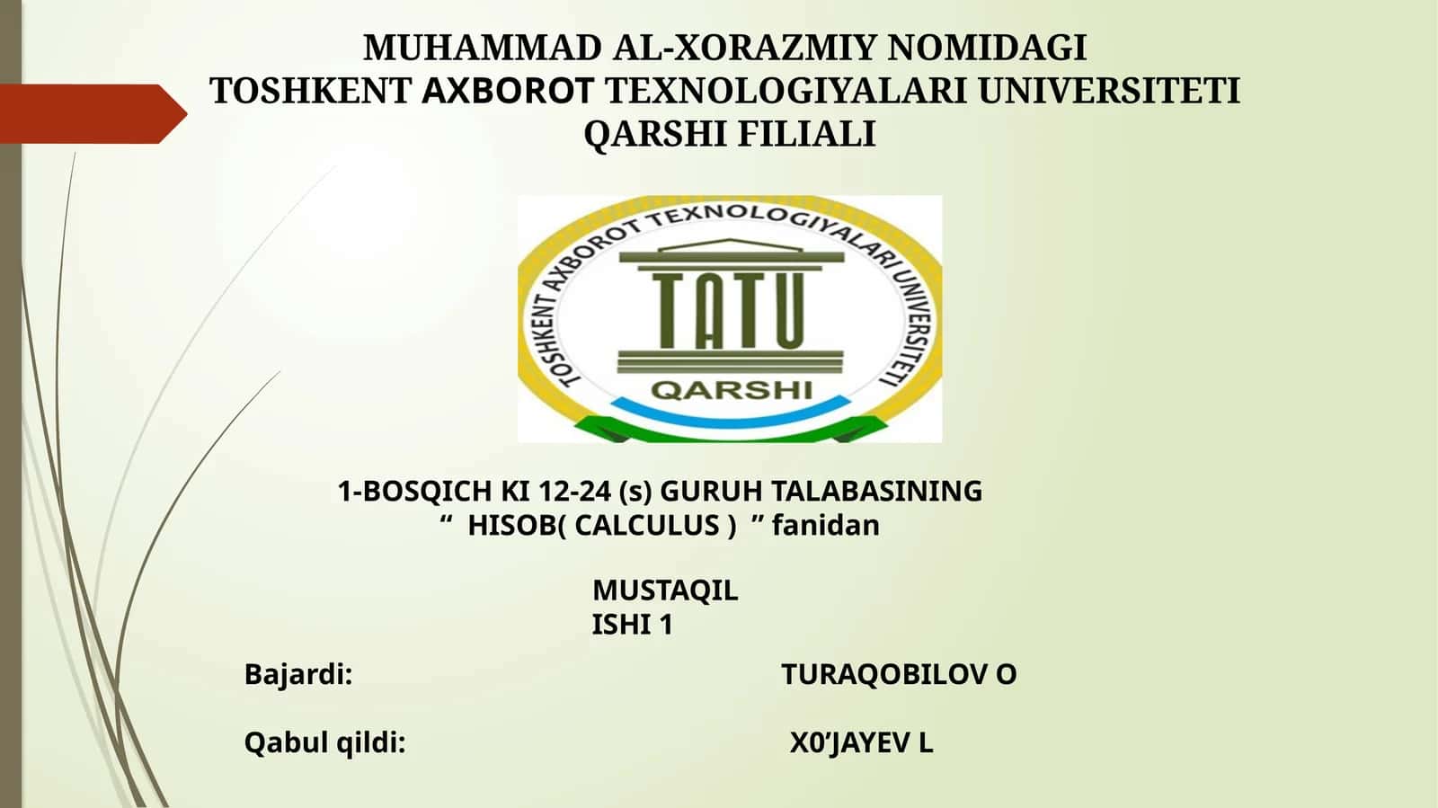 HISOB( CALCULUS ) fanidan MUSTAQIL ISHI