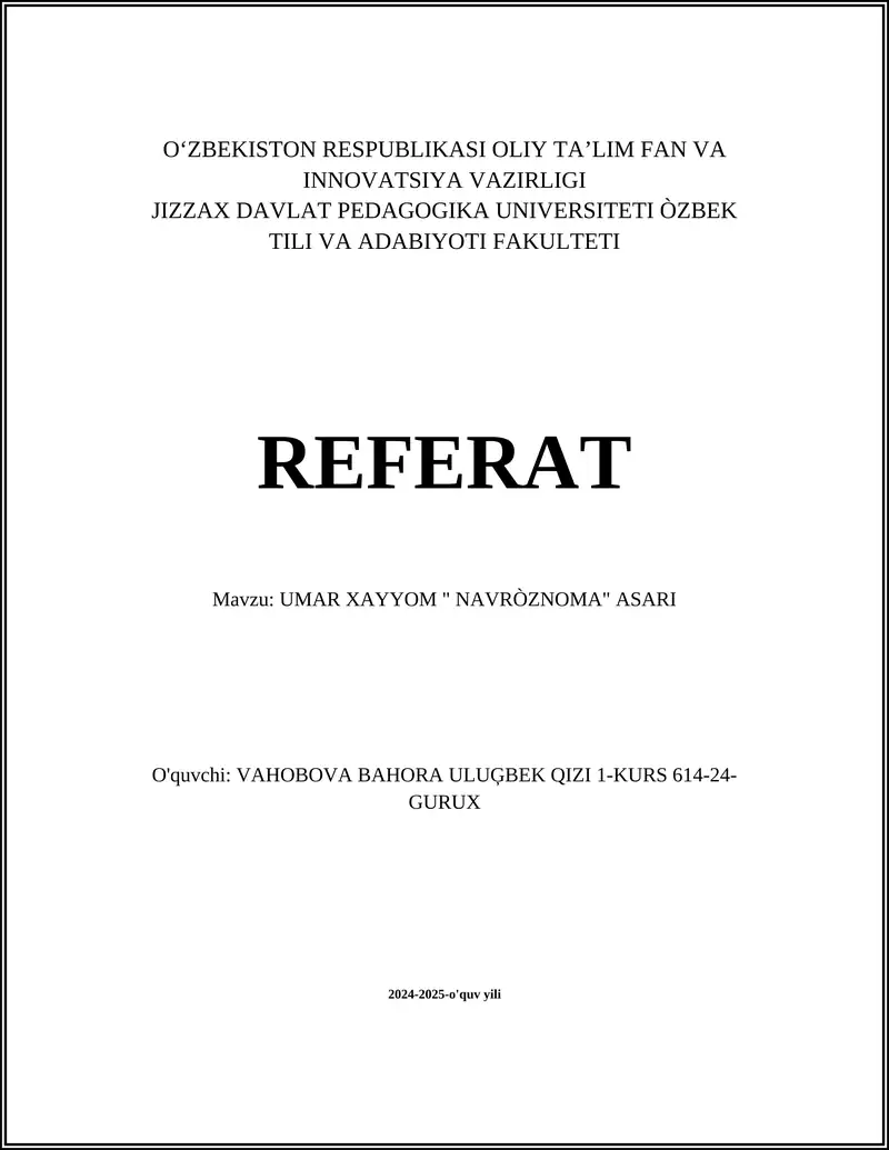 UMAR XAYYOM " NAVRÒZNOMA" ASARI