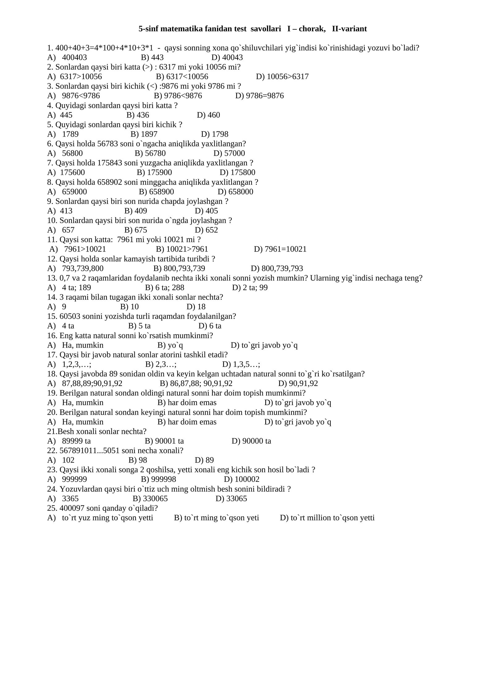 5-sinf matematika fanidan test savollari I – chorak, II-variant