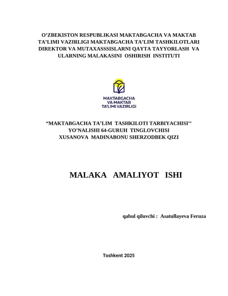 "MAKTABGACHA TA’LIM TASHKILOTI TARBIYACHISI’’ YO’NALISHI 64-GURUH TINGLOVCHISI