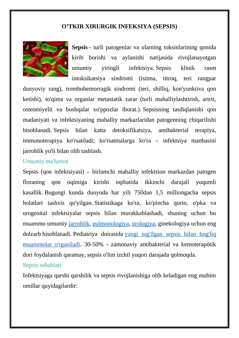 O’TKIR XIRURGIK INFEKSIYA (SEPSIS)
