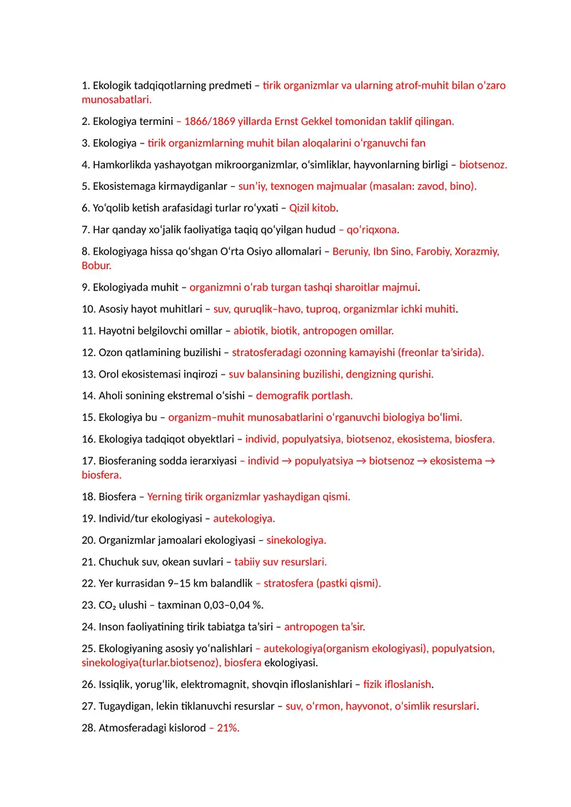 Ekologiya fanidan test savollar to'plami