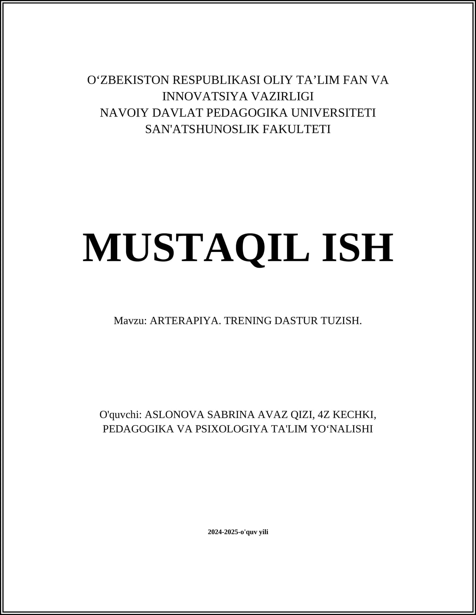 ARTERAPIYA. TRENING DASTUR TUZISH