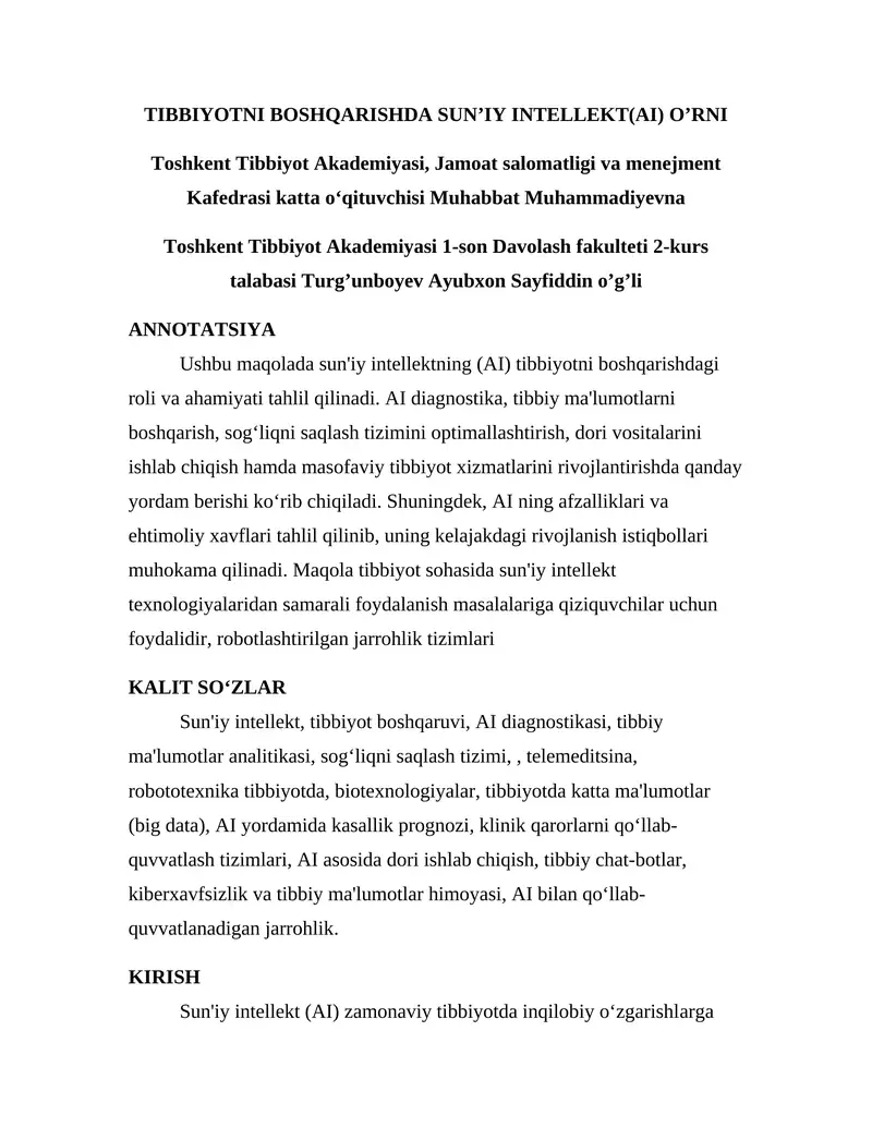 Sun'iy Intellekt Tibbiyotni Boshqarishda