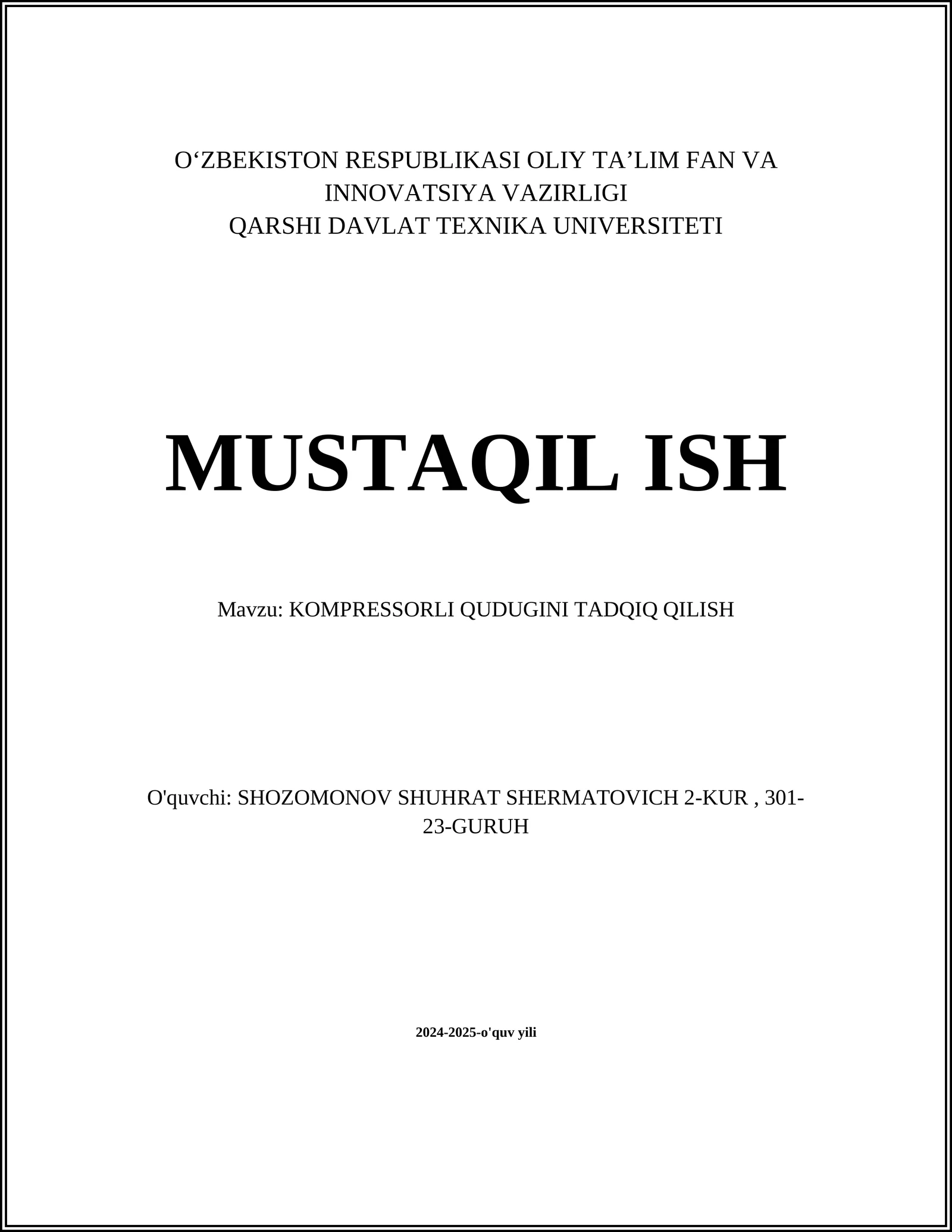 KOMPRESSORLI QUDUGINI TADQIQ QILISH