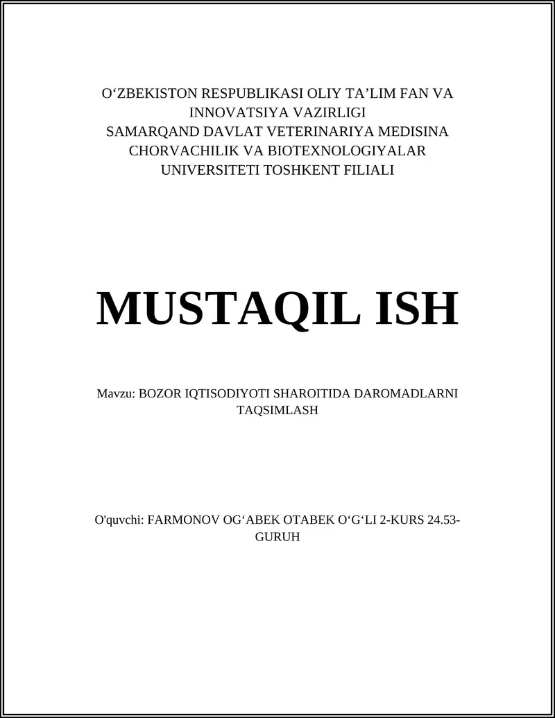 BOZOR IQTISODIYOTI SHAROITIDA DAROMADLARNI TAQSIMLASH