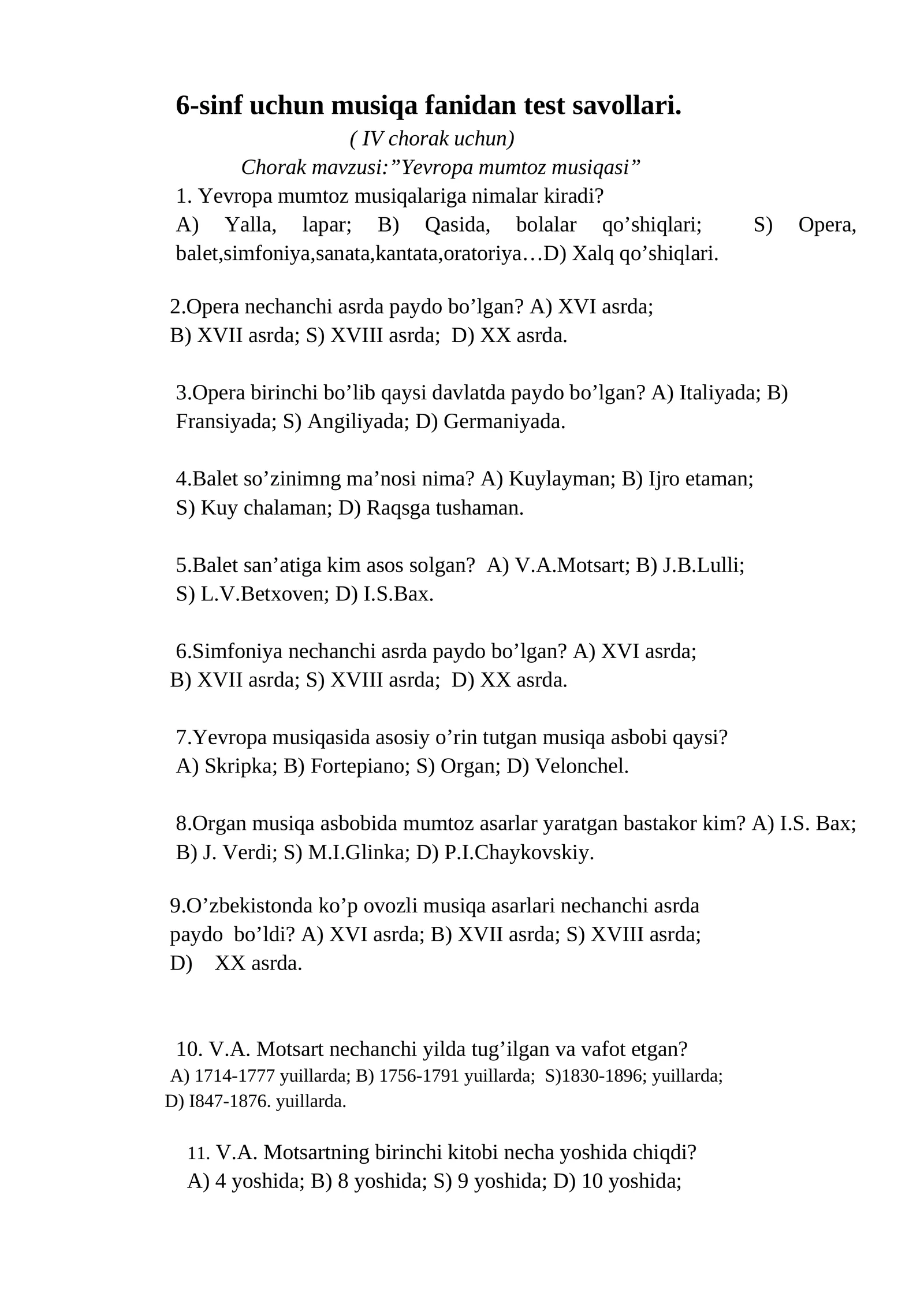 6-sinf uchun musiqa fanidan test savollari