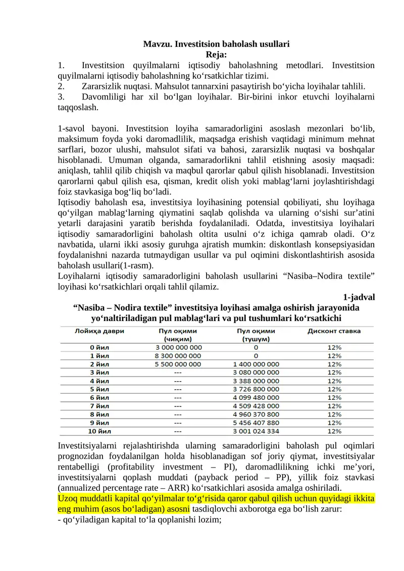 Investitsion baholash usullari
