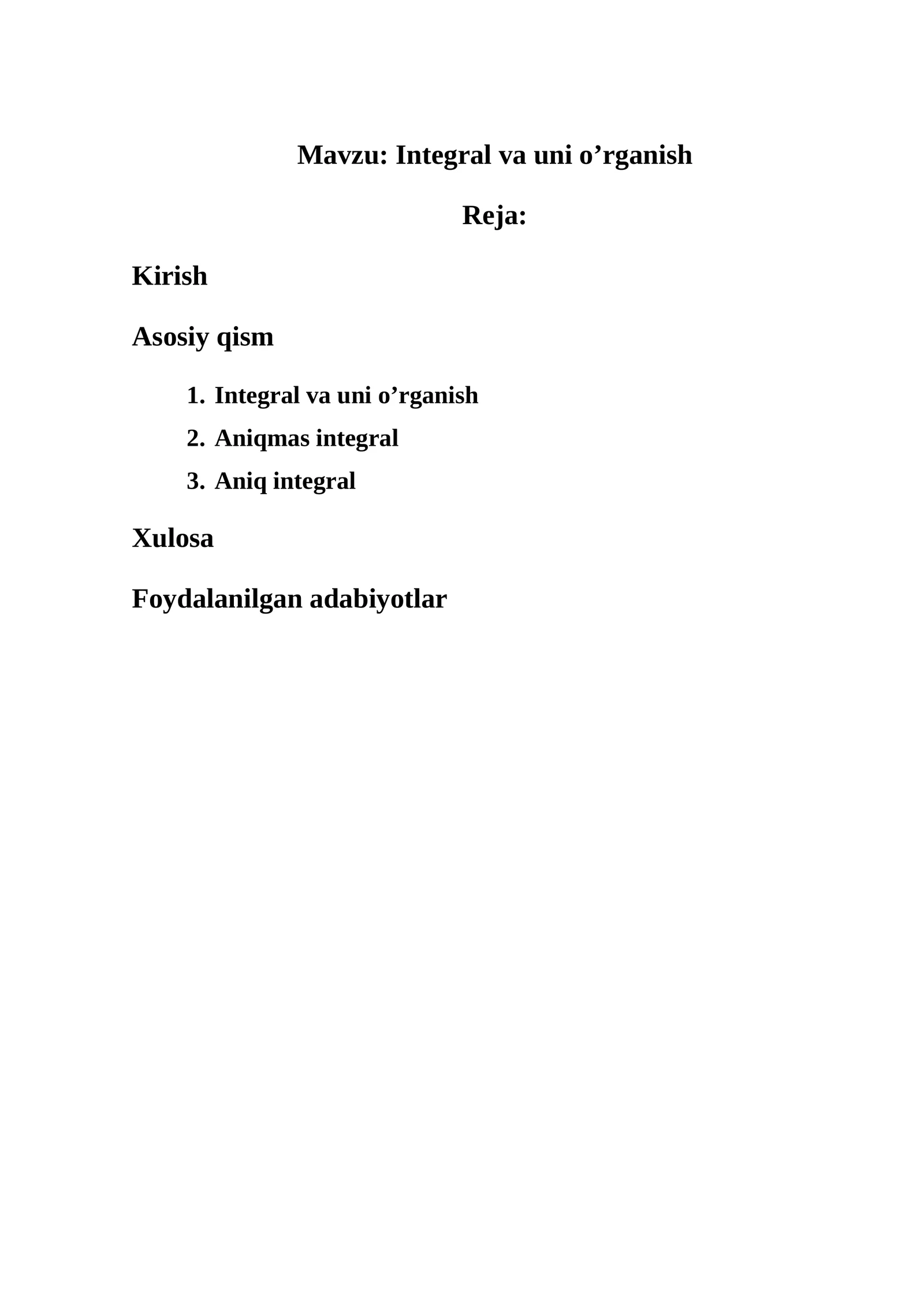 Integral va uni o’rganish