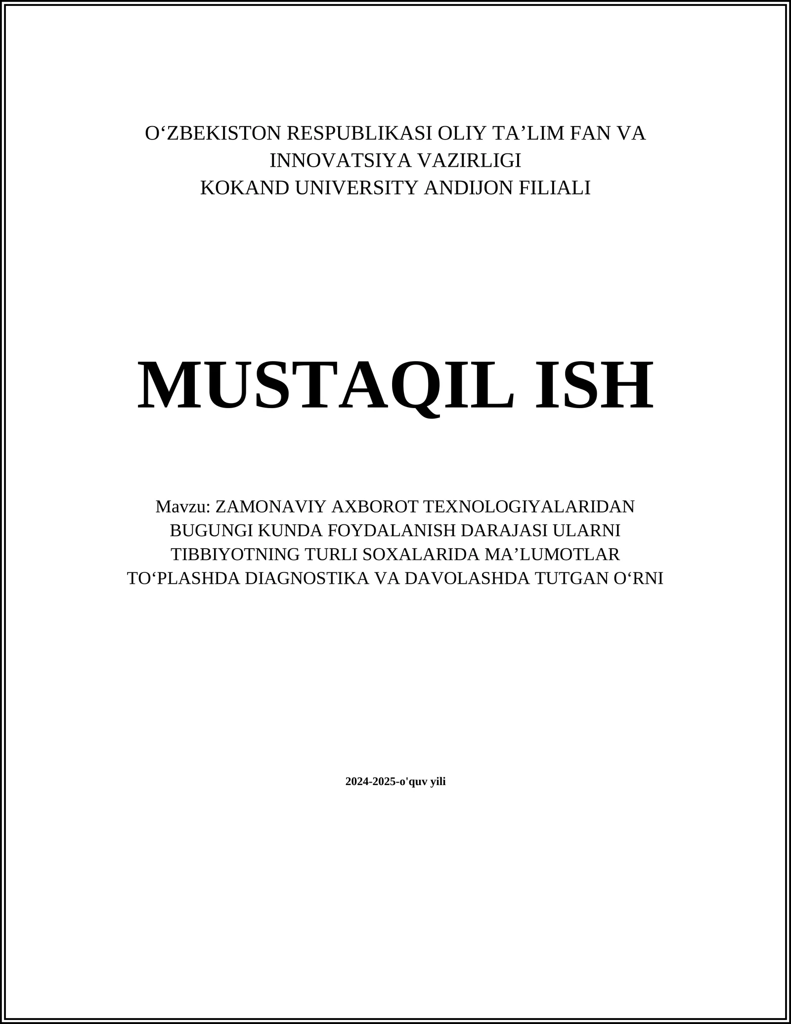 ZAMONAVIY AXBOROT TEXNOLOGIYALARIDAN BUGUNGI KUNDA FOYDALANISH DARAJASI ULARNI TIBBIYOTNING TURLI SOXALARIDA MAʼLUMOTLAR TOʻPLASHDA DIAGNOSTIKA VA DAVOLASHDA TUTGAN OʻRNI
